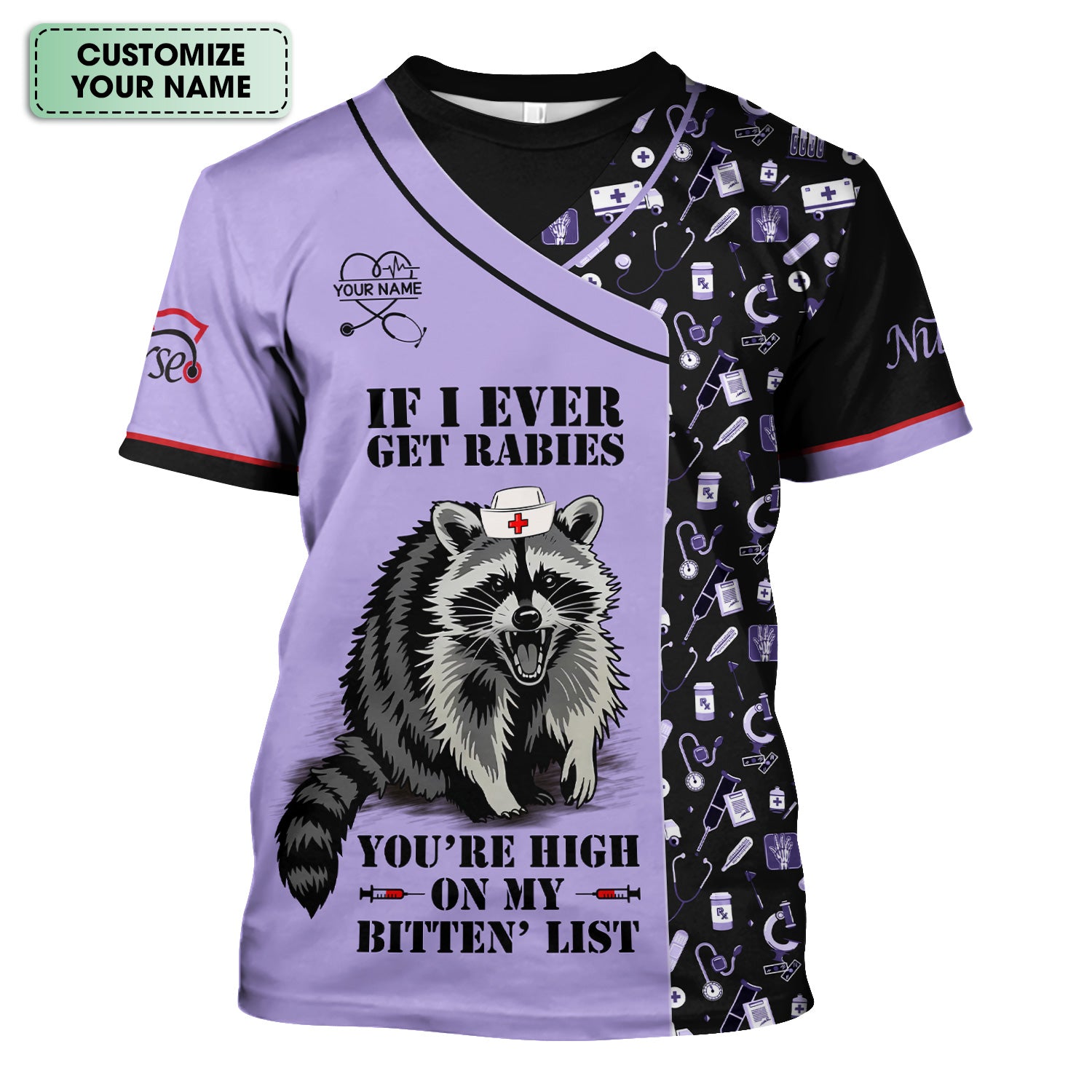 Personalized Funny Nurse Scrub for Women - Raccoon Nurse Graphic Design - Medical Gift for RN LPN CNA Healthcare Staff