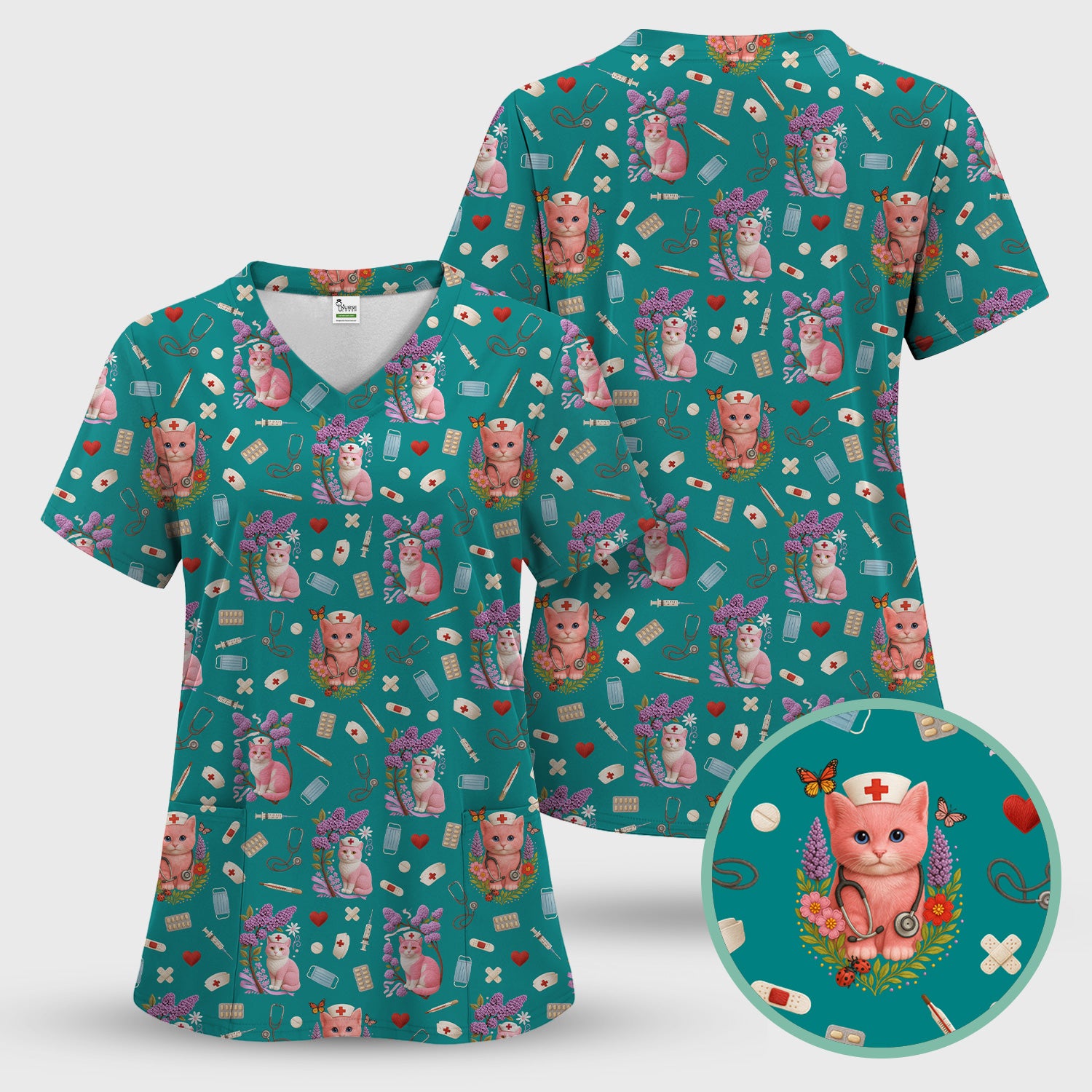 Cute Cat Pattern Nurse Scrub Set - Pink Medical Scrubs for Women - Adorable Kitty Print Gift for RN LPN CNA Healthcare Staff