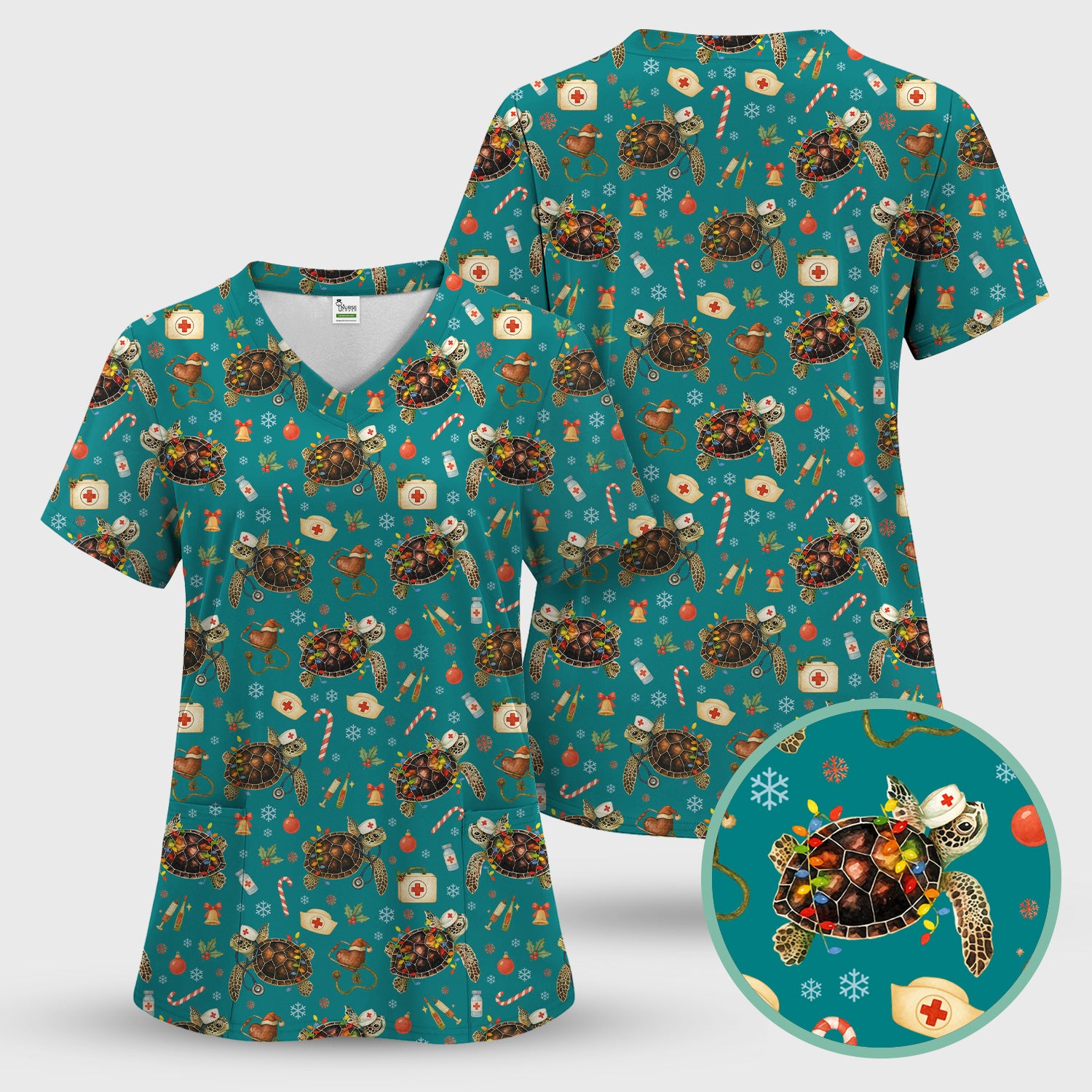 Funny Christmas Scrub Top - Sea Turtle with Xmas Lights Shirt - Holiday Nurse Scrubs for Women
