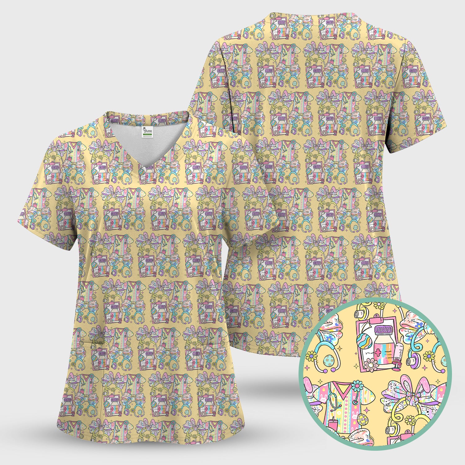 Colorful Nurse Scrub Supplies Pattern Scrub Top, Breathable Fabrics Nursing Uniform