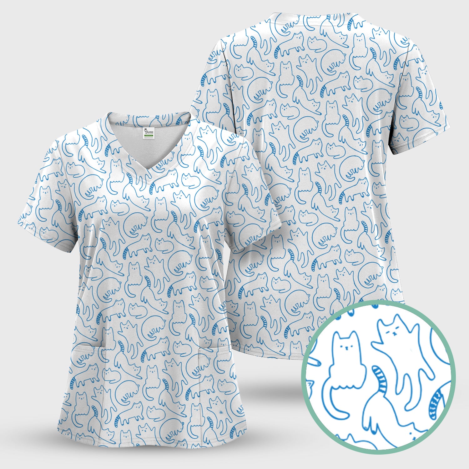 Artistic Cat Pattern Medical Scrub Top, Breathable Fabrics Nursing Uniform