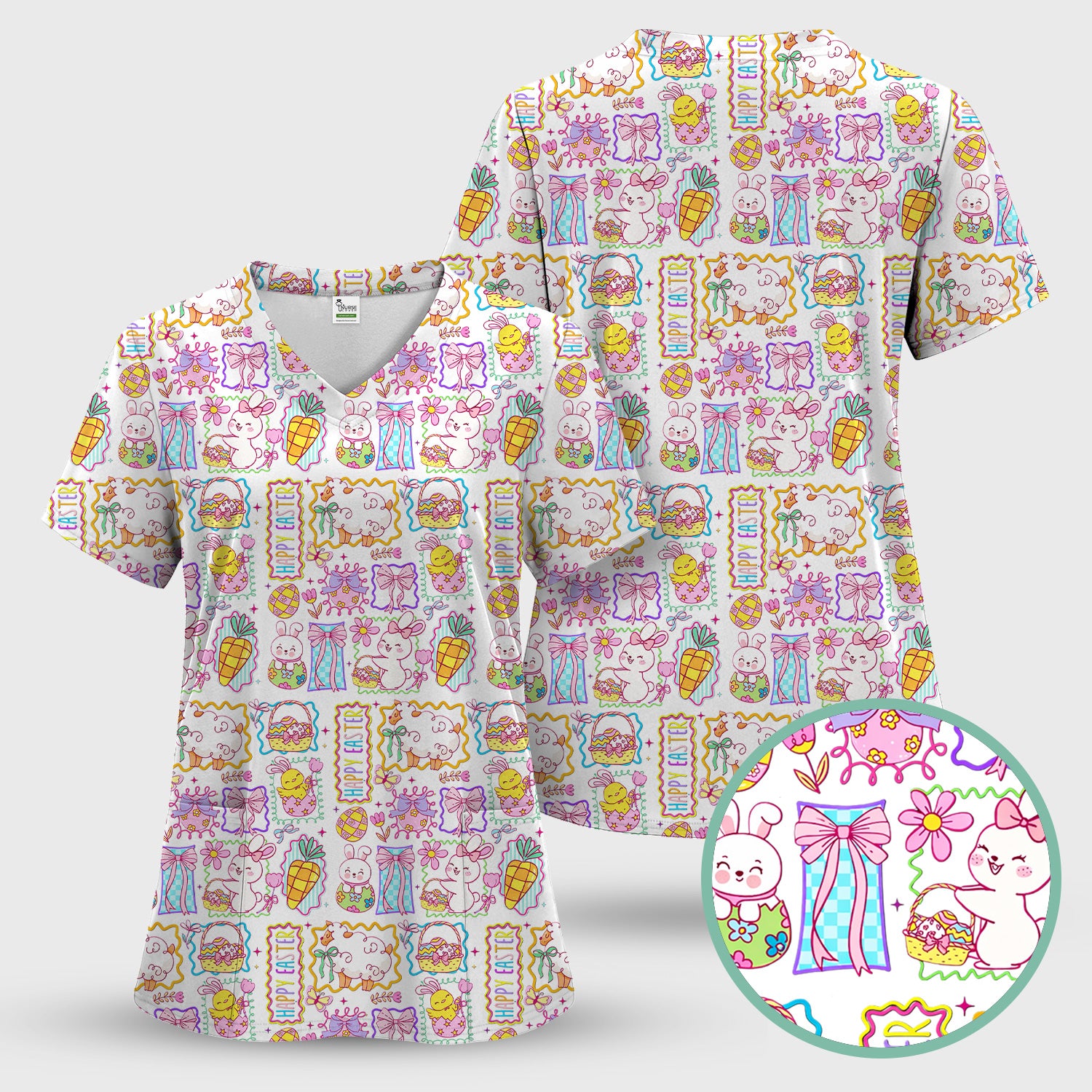 Cute Easter Bunny Egg and Bow Print Scrub Top, Breathable Fabrics Nursing Uniform