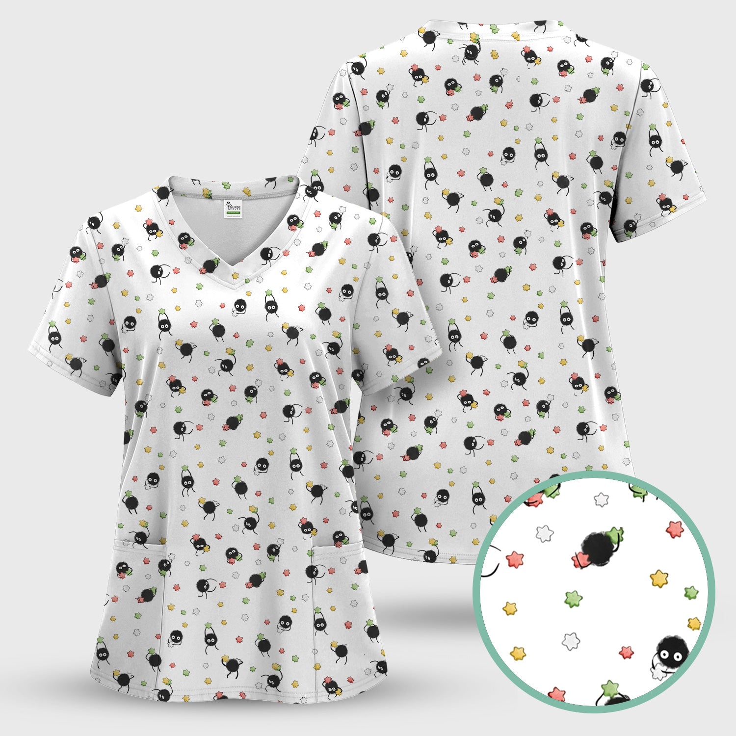 Funny Spider Pattern Pattern Pattern Scrub Top, Cartoon Spider Pattern Nursing Uniform For Women