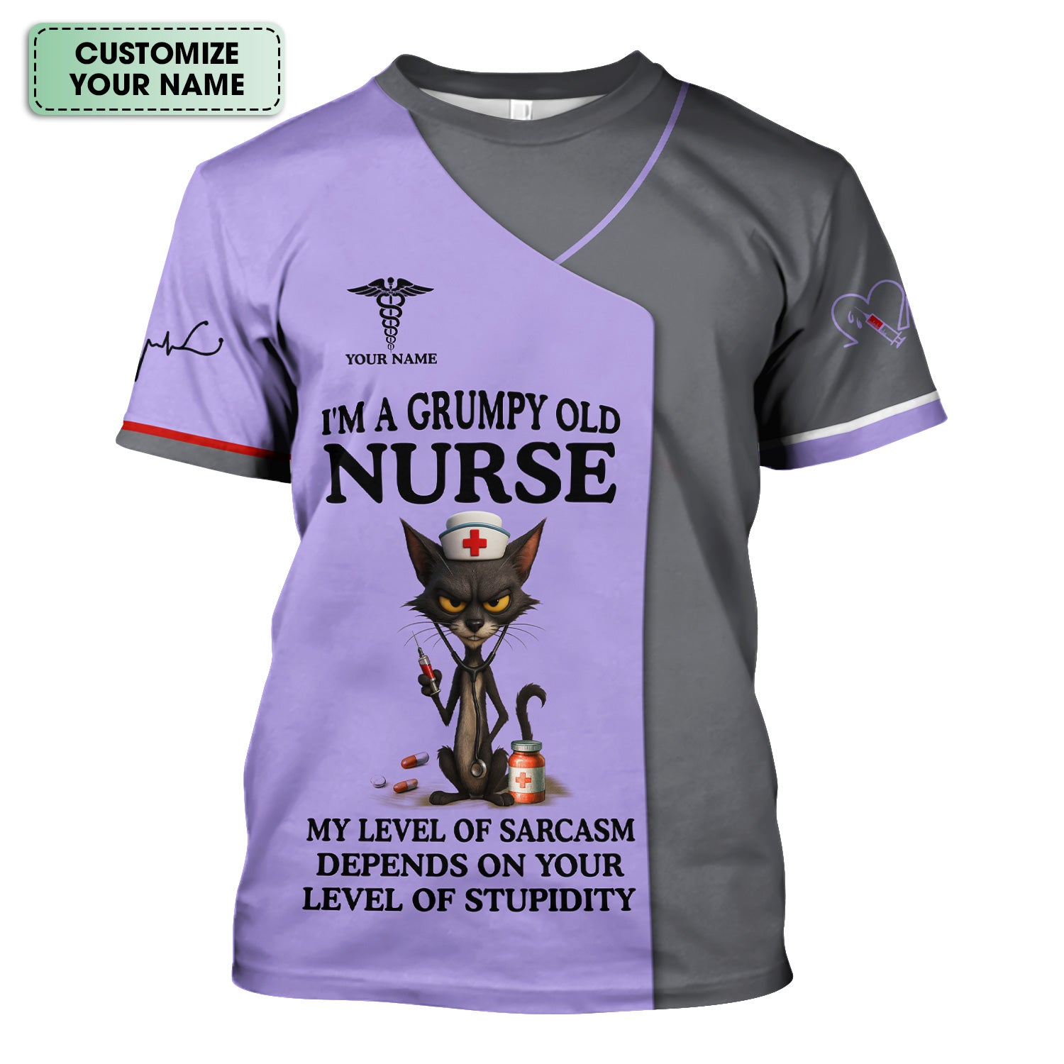Sarcastic Grumpy Old Nurse Shirt - Black Cat Humo & Caduceus Symbol Design - Personalized Gift for RN LPN CNA Healthcare Workers