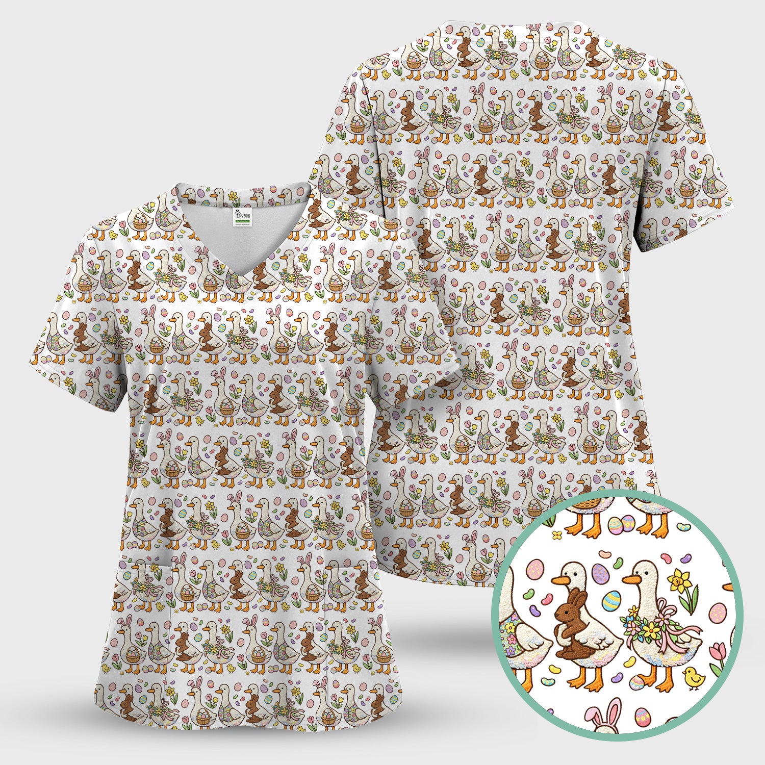 Easter Theme Duck and Bunny Egg Floral Print Scrub Top, Comfortable Scrubs for Nurses