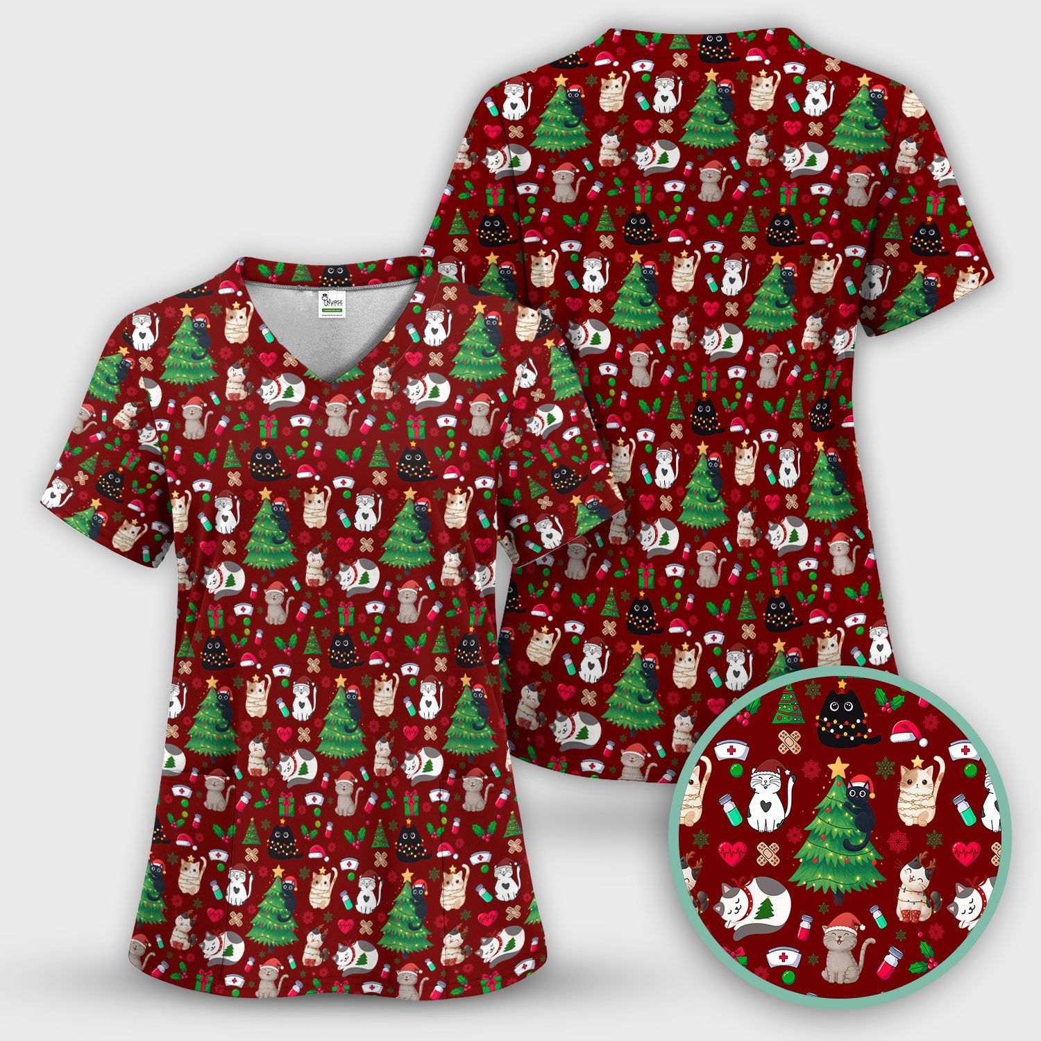 Christmas Cat Scrub Top, Xmas Pet Pattern Scrub Shirt, Breathable Fabrics Nursing Uniform