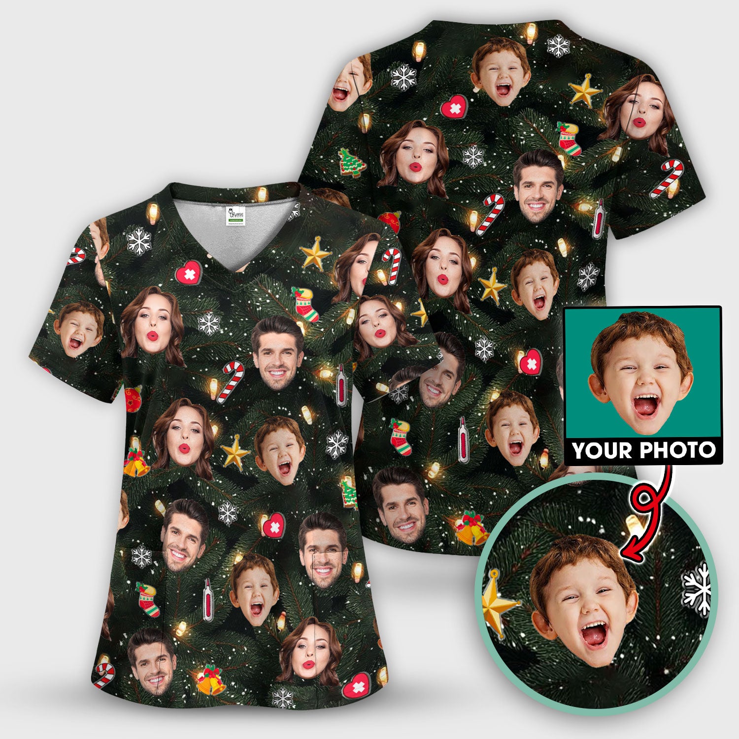 Personalized Christmas Photo Scrub Top, Funny Xmas Custom Face Scrub Shirt, Breathable Fabrics Nursing Uniform