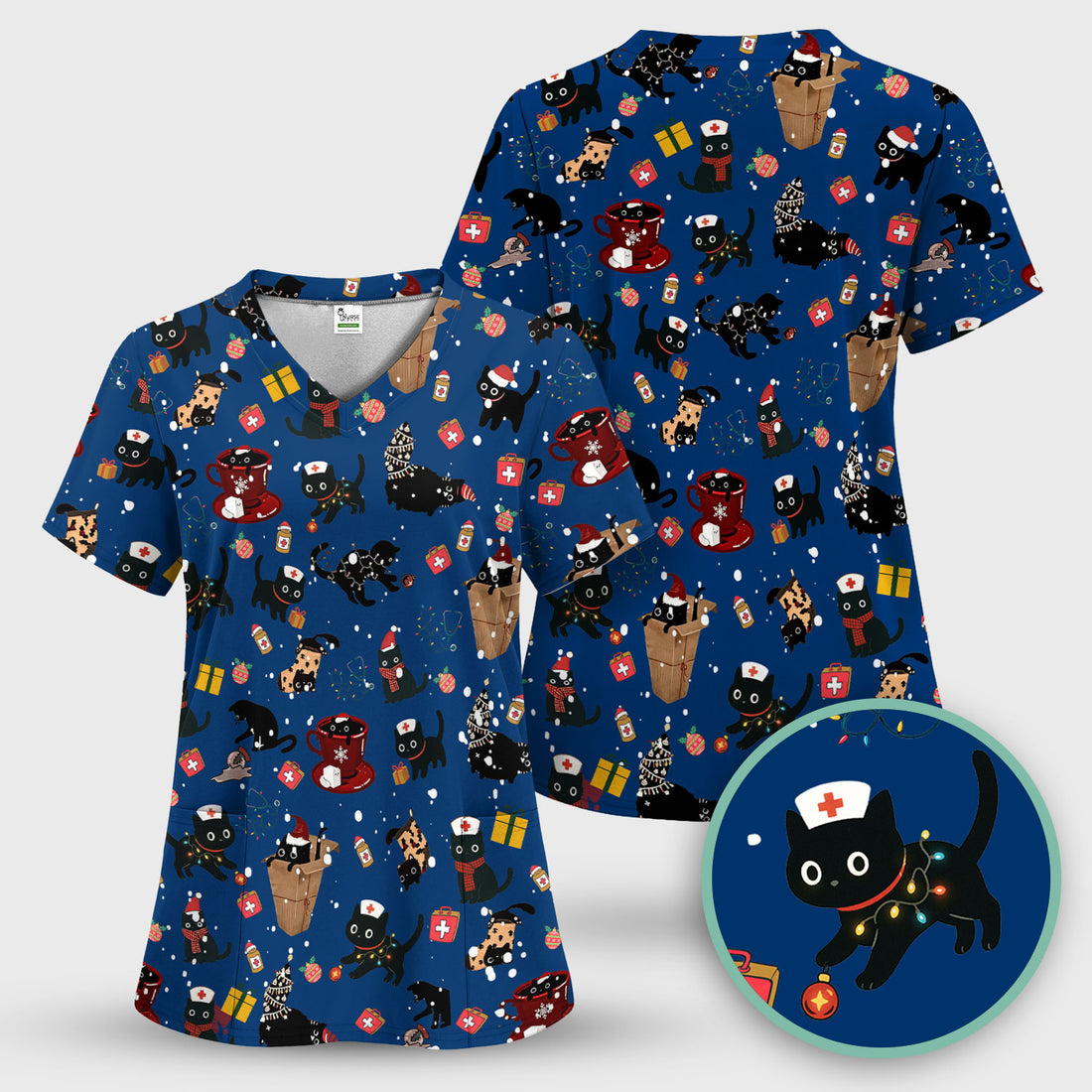 Funny Cat Scrub for Women - Christmas Black Cats Comfortable Scrubs for Nurses - Breathable Fabrics Nursing Uniform