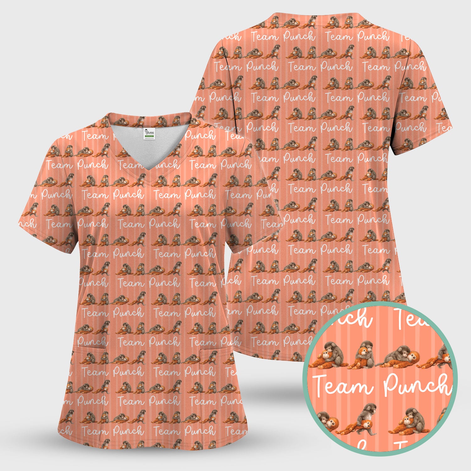 Funny Monkey Team Punch Scrub Set, Scrub Pants and V Neck Top