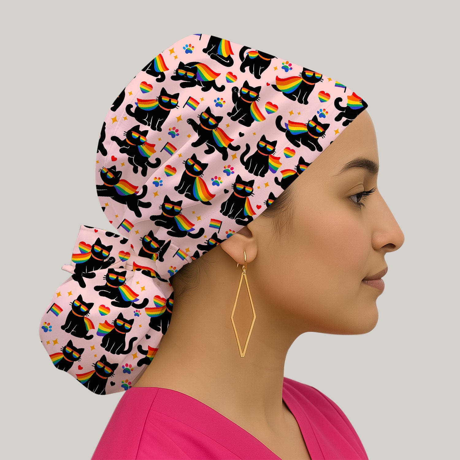 Rainbow Black Cat Pride Pattern Scrub Cap, Surgical Caps for Doctors