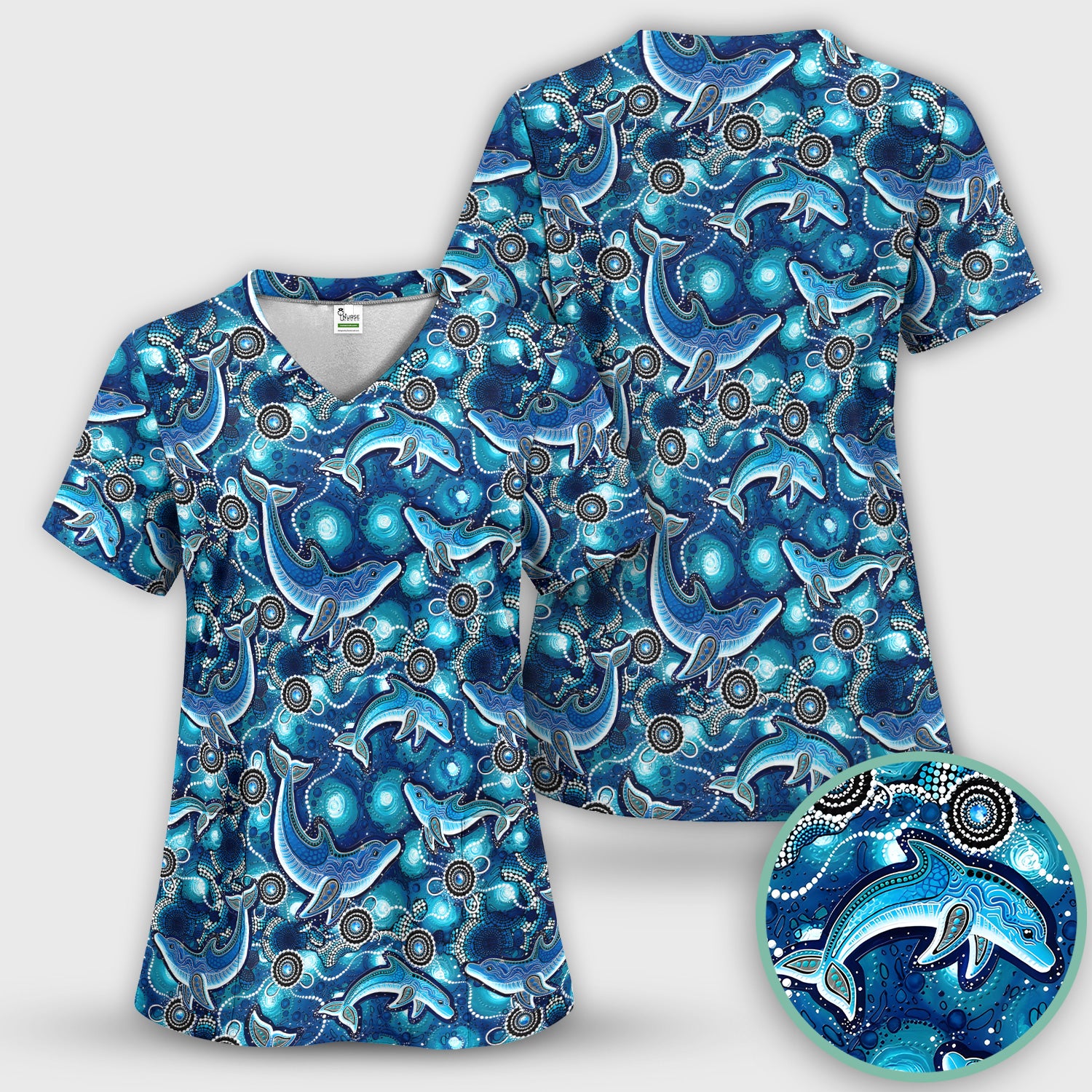 Ocean Dolphin Aboriginal Dot Print Scrub Set, Scrub Pants and V Neck Top