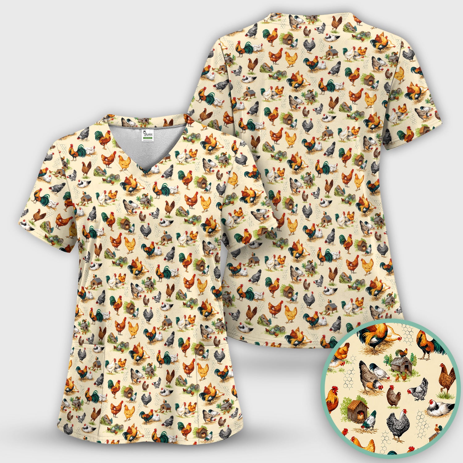 Farm Chicken Rooster Coop Pattern Scrub Top, Comfortable Scrubs for Nurses