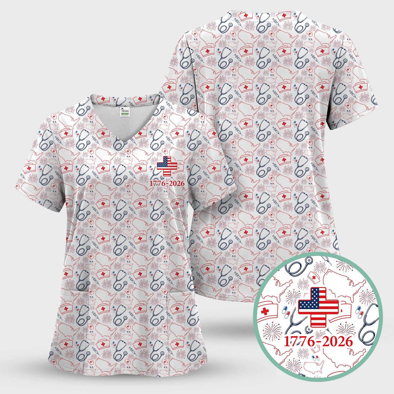 Patriotic Nurse Stethoscope Flag Pattern Scrub Set, Scrub Pants and V Neck Top