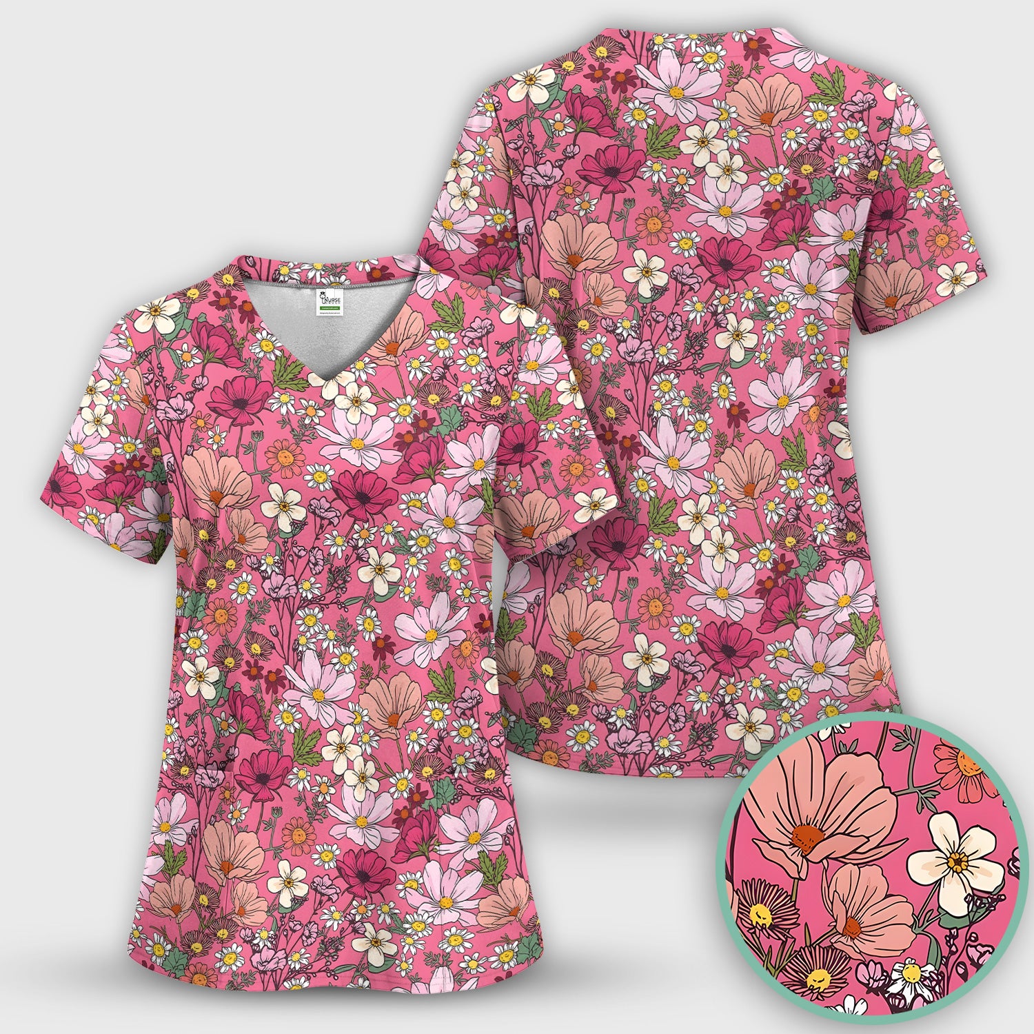 Pink Daisy Wildflower Nurse Pattern Scrub Set, Scrub Pants and V Neck Top