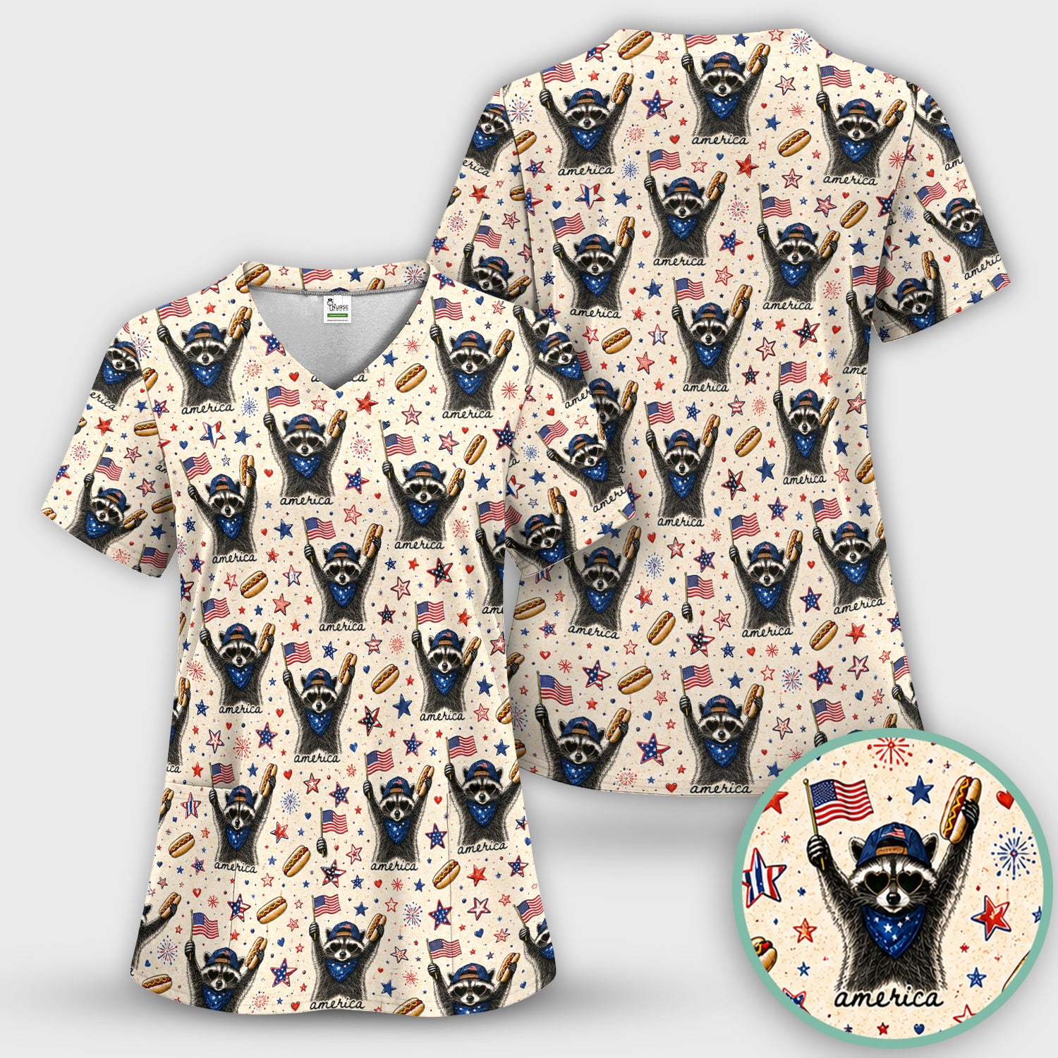 Patriotic Raccoon America Hotdog Pattern Scrub Top, Comfortable Scrubs for Nurses