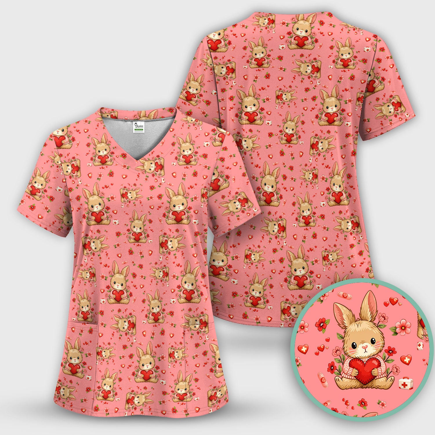 Adorable Bunny Heart Healthcare Design Scrub Top, Comfortable Scrubs for Nurses, Easter