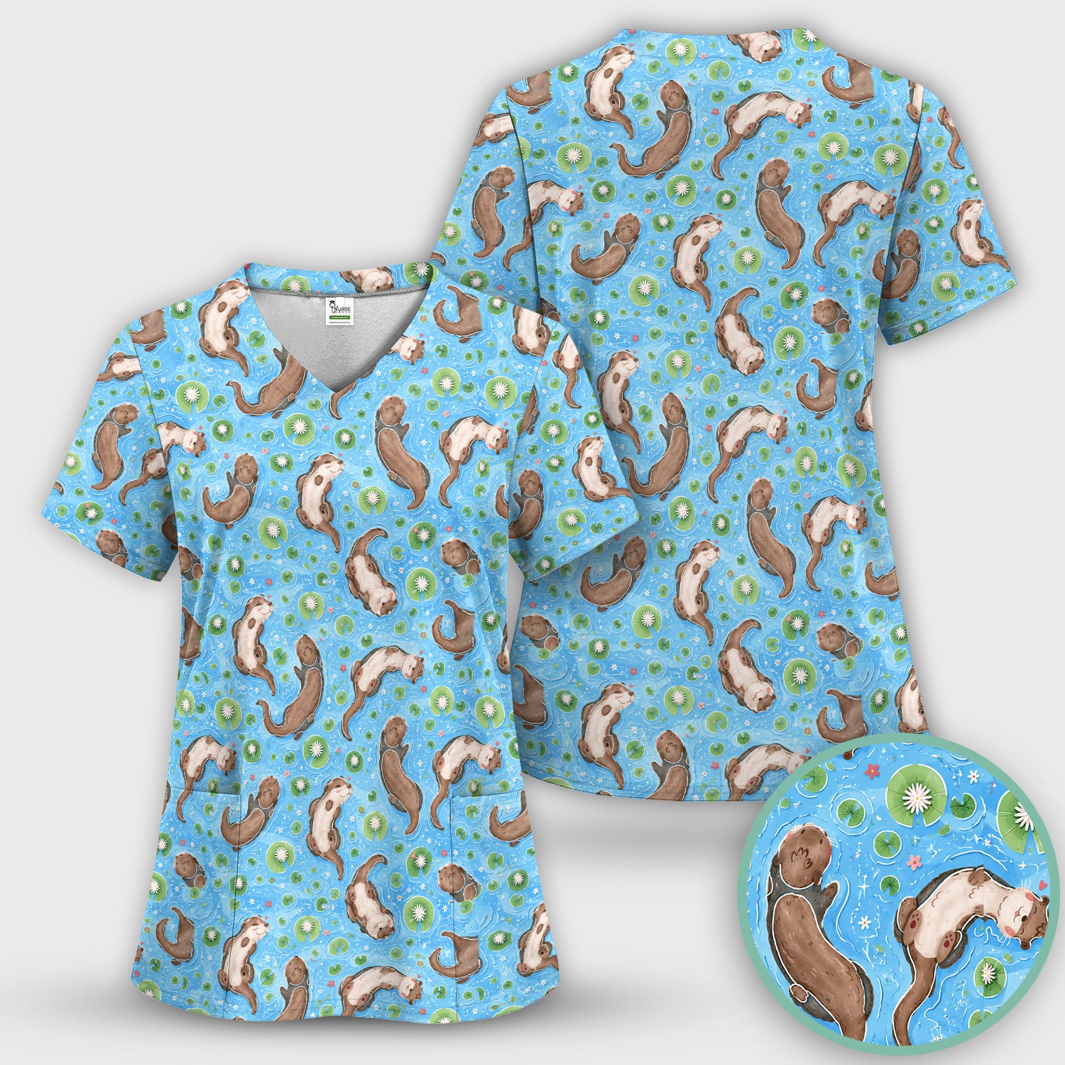 Cute Otter Lily Pond Nurse Print Scrub Top, Comfortable Scrubs for Nurses