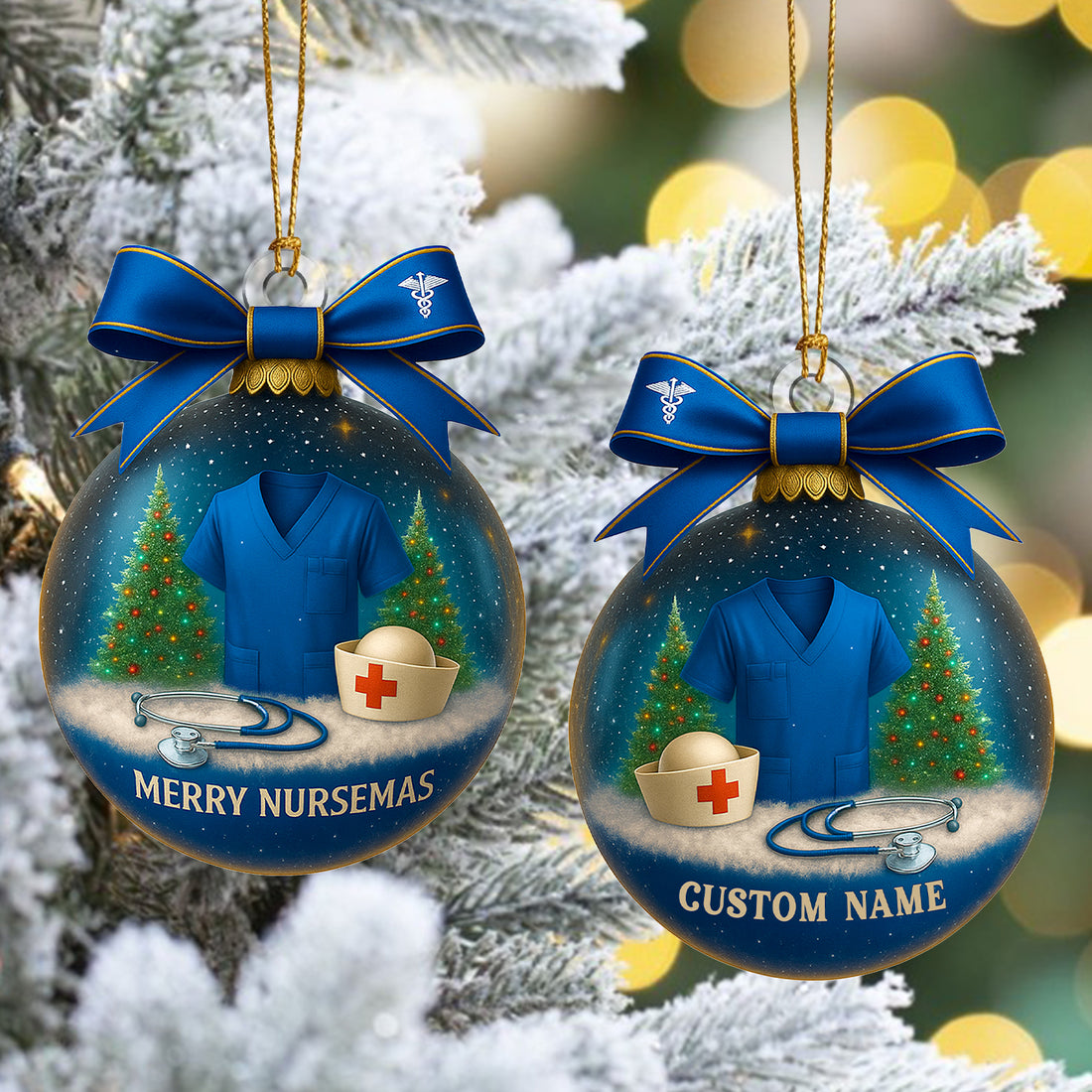 Custom Name Nurse Ornament, Blue Scrub Christmas Ornament With Bow, Merry Nursemas Medical Ornament, Holiday Gift for RN And Doctor