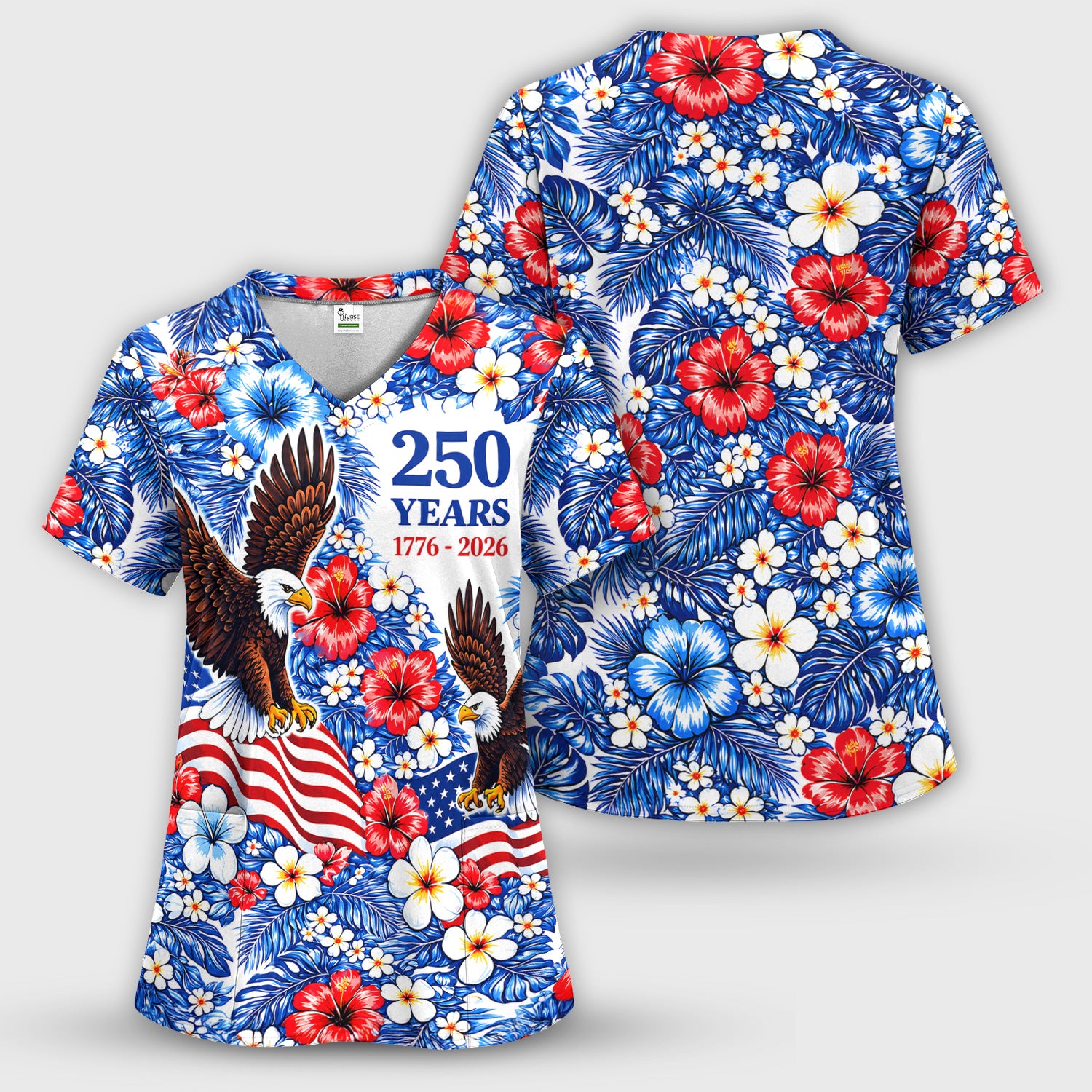 Patriotic Eagle Floral Pattern, America 250 Medical Scrub Top, Comfortable Scrubs for Nurses