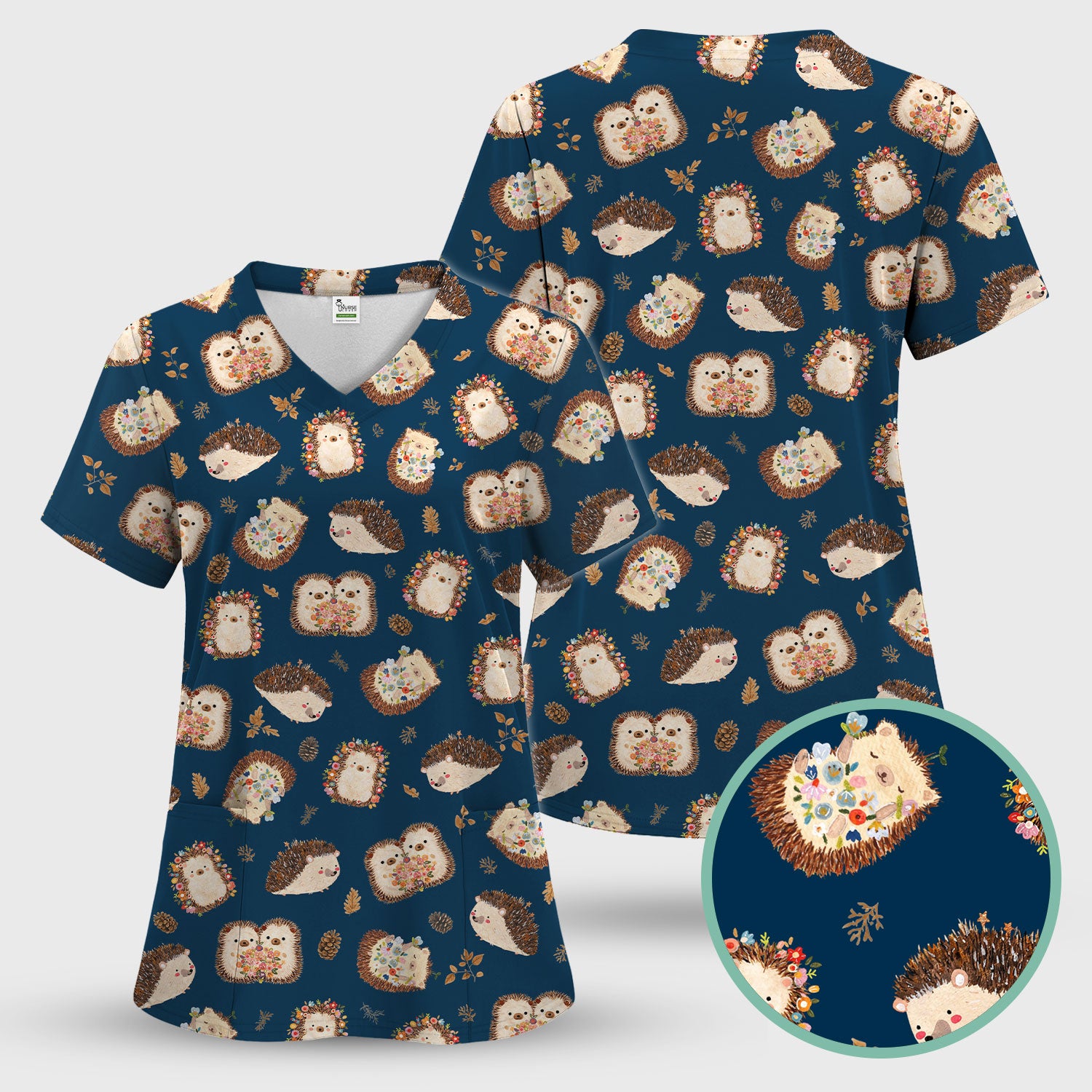 Cute Hedgehog Floral Scrub Set, Breathable Med Uniform