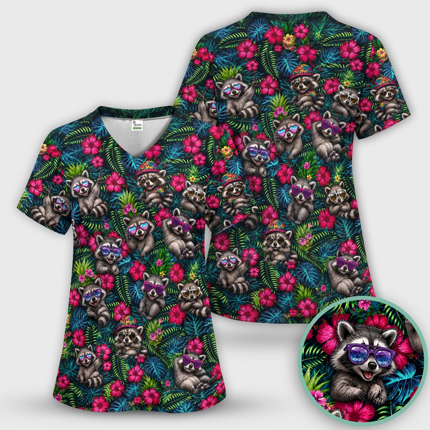 Tropical Raccoon Nurse Floral Pattern Scrub Top, Comfortable Scrubs for Nurses
