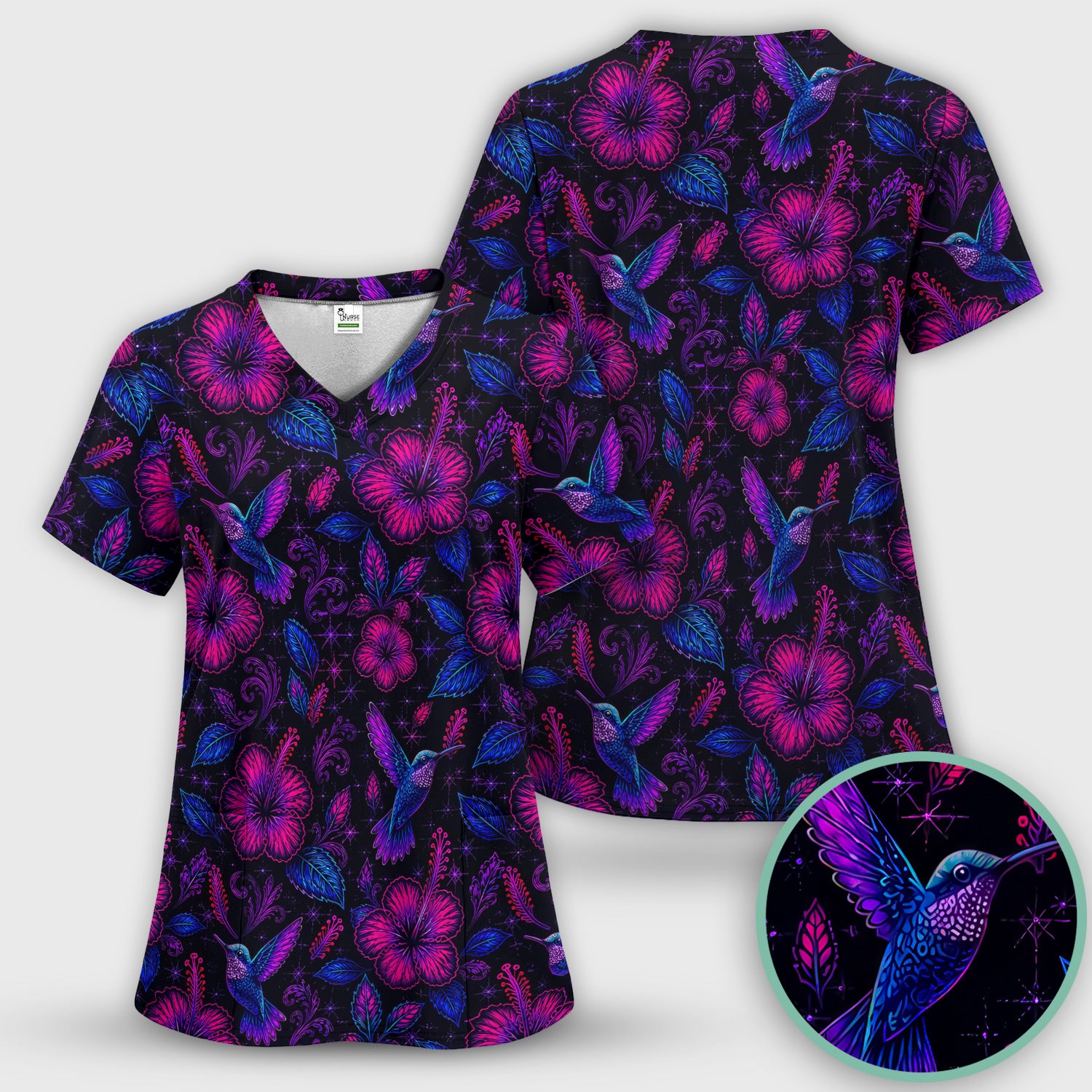 Tropical Hummingbird Hibiscus Floral Pattern Scrub Top, Comfortable Scrubs for Nurses