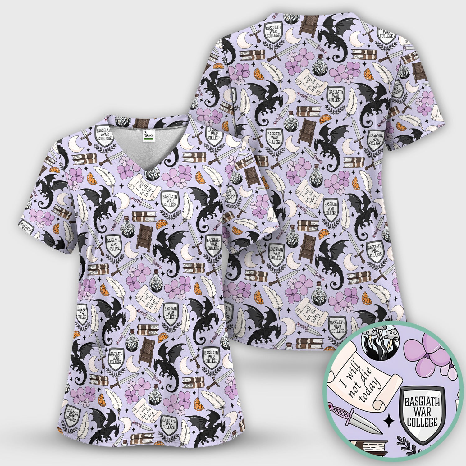 Spooky Gothic Fantasy Dragon Pattern Scrub Top, Comfortable Scrubs for Nurses