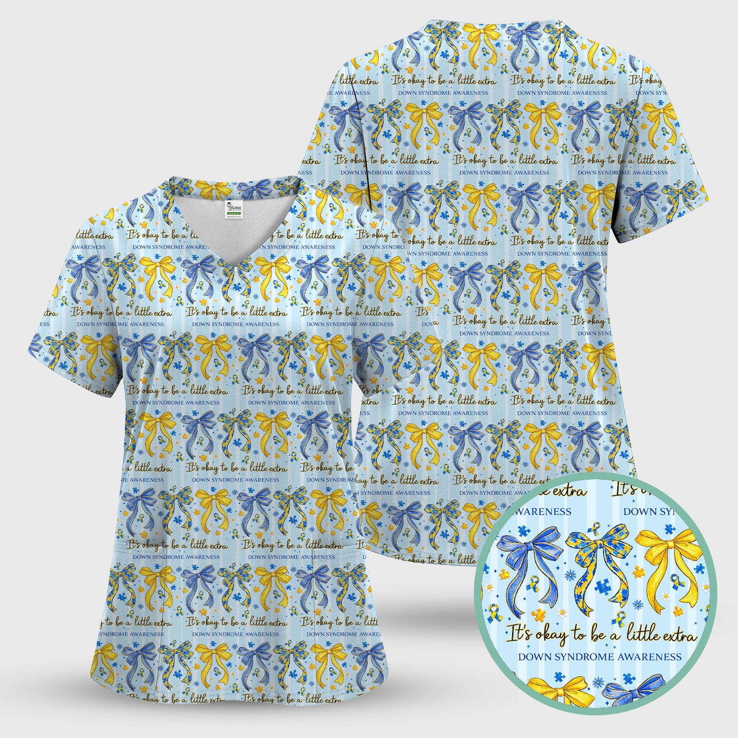 Down Syndrome Awareness Ribbon Pattern Scrub Top Comfortable Nurse Workwear Top