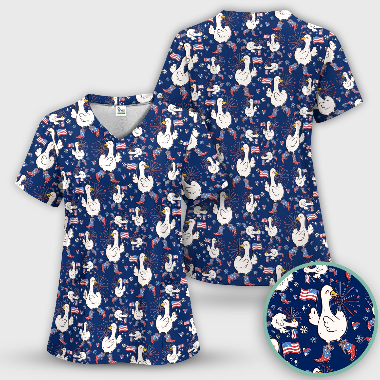Patriotic Goose With USA Flag Fireworks Scrub Set, Breathable Fabrics Nursing Uniform