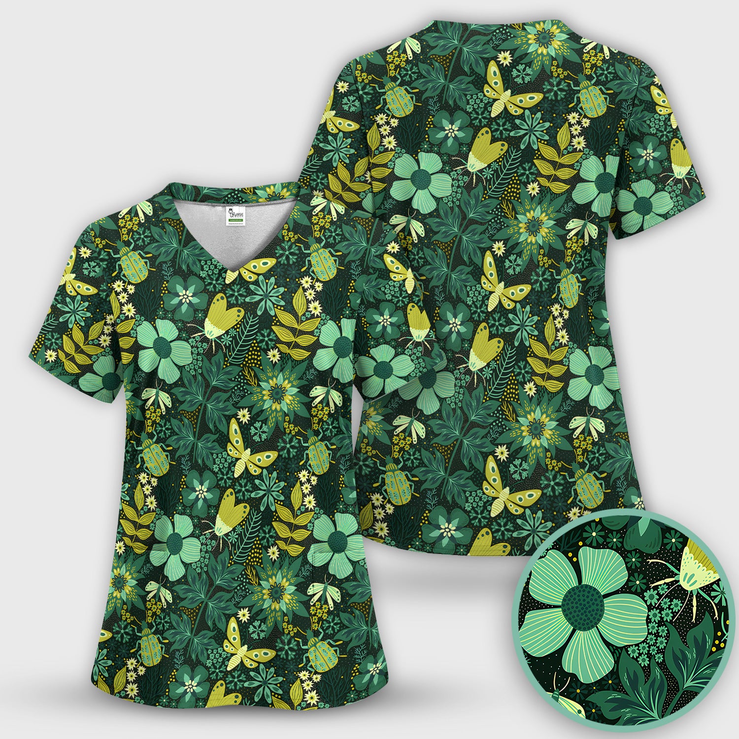 Green Botanical Butterfly Pattern Scrub Set, Scrub Pants and V Neck Top