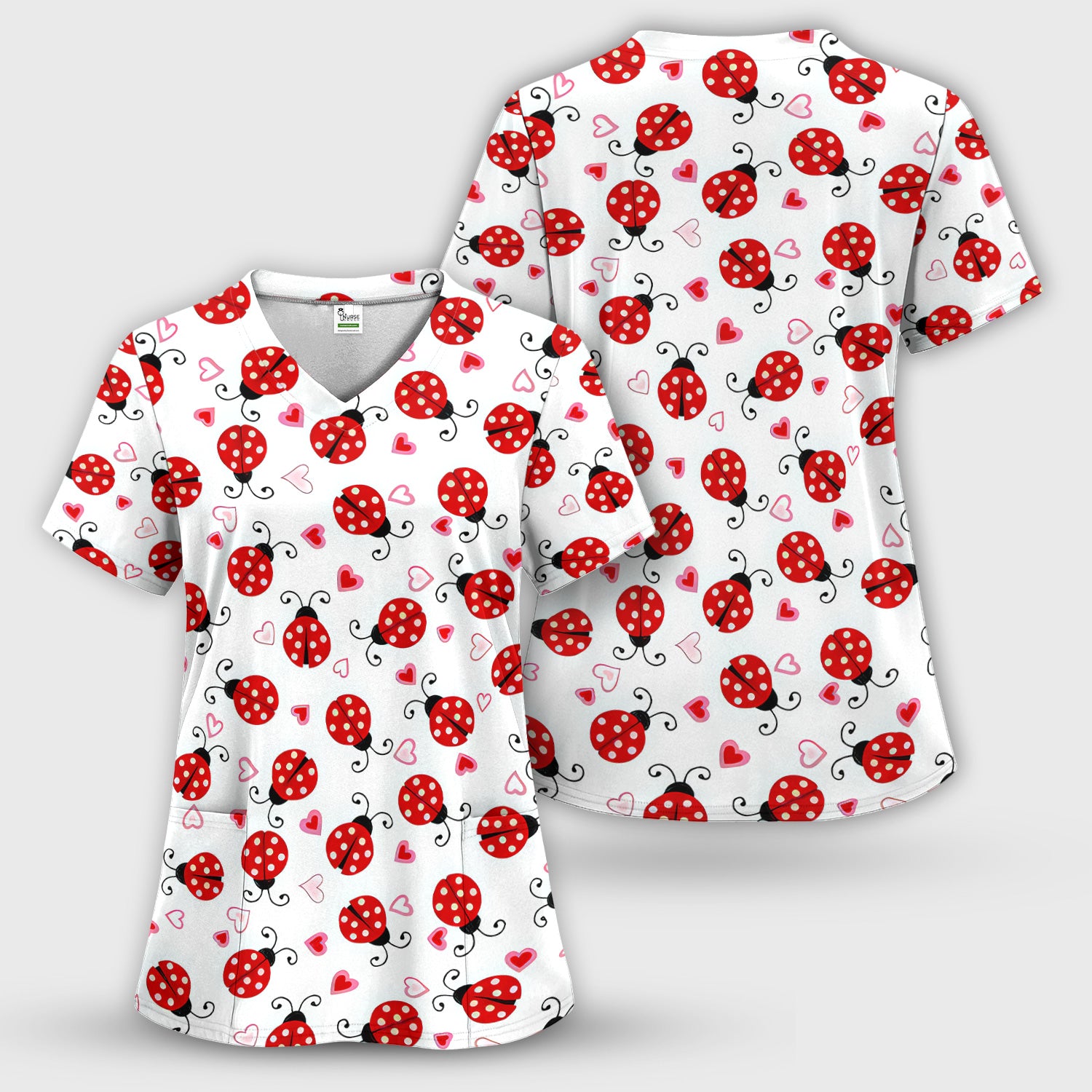 Cute Ladybug Heart Love Pattern Scrub Top, Breathable Fabrics Nursing Uniform