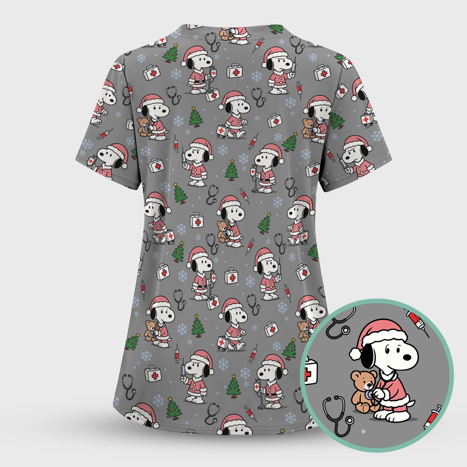 Snoopy Christmas Nurse Scrub Top for Women - Cute Cartoon Holiday Medical Uniform with Pockets - Nursing Gift for RN CNA LPN