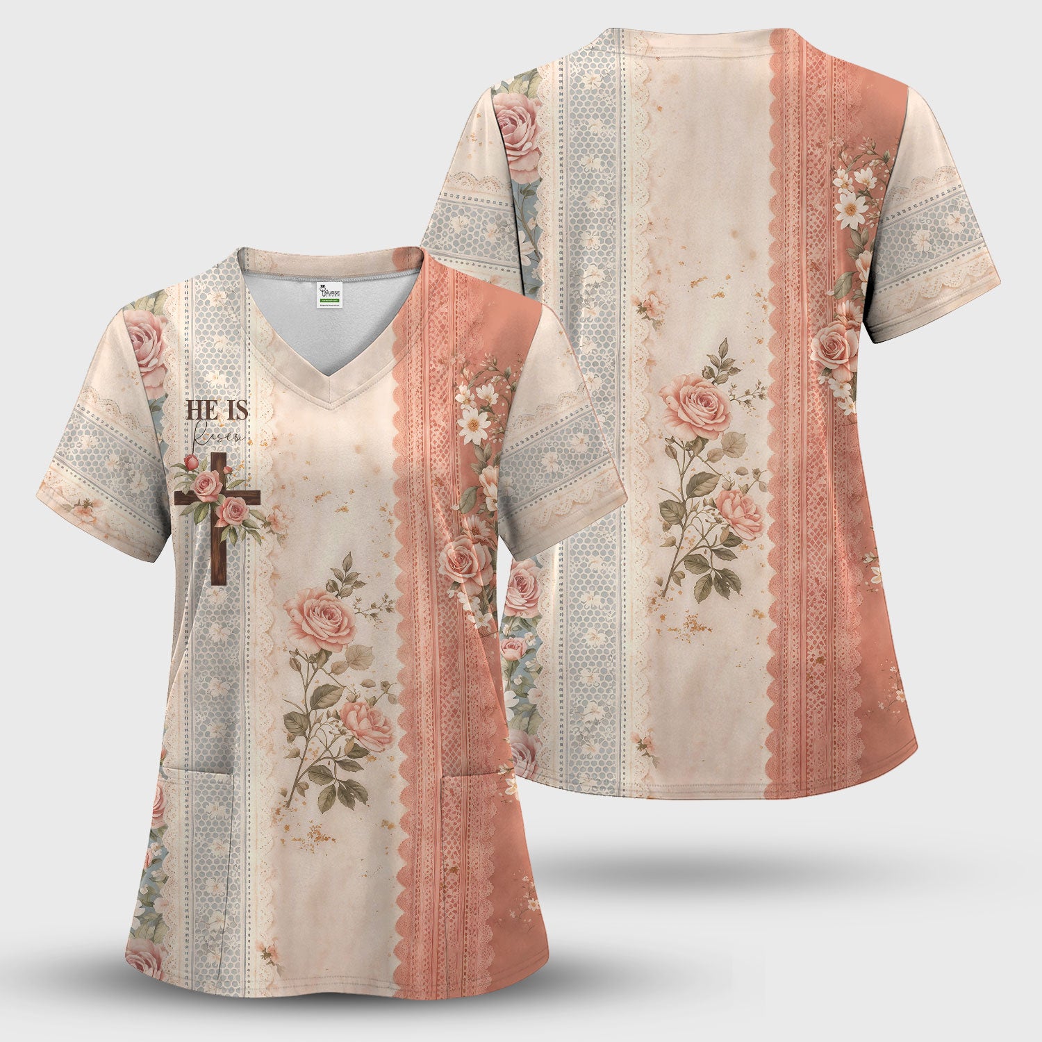 Inspirational Christian Cross Rose He Is Risen Vintage Floral Pattern Scrub Set, Scrub Pants and V Neck Top