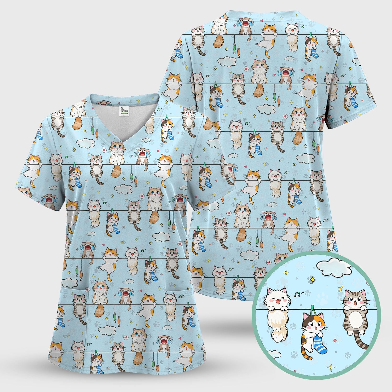 Funny Cats With Cute Expressions Pattern Scrubs Top, Comfortable Scrubs for Nurses