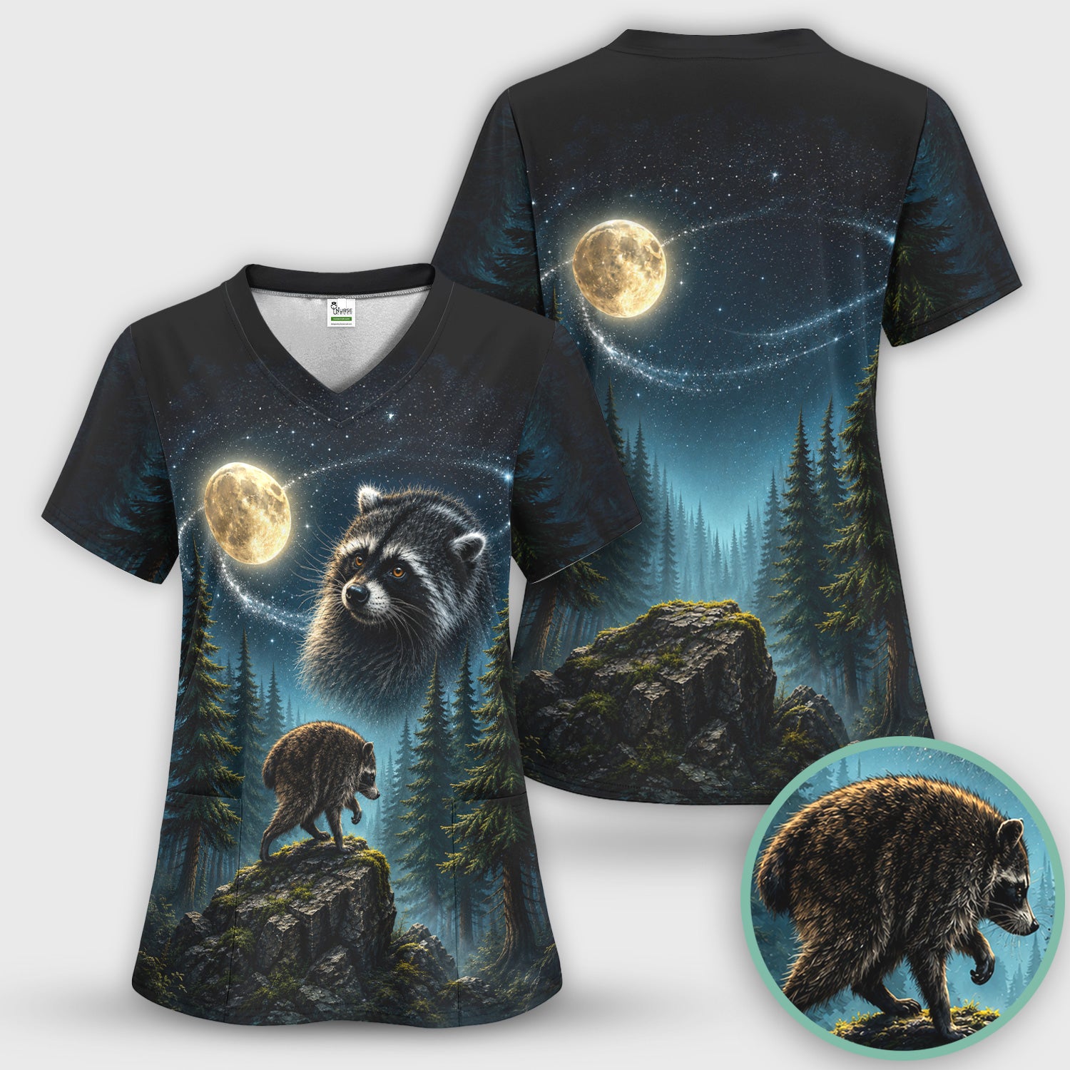 Raccoon On A Moonlit Branch Print Scrub Set, Scrub Pants and V Neck Top