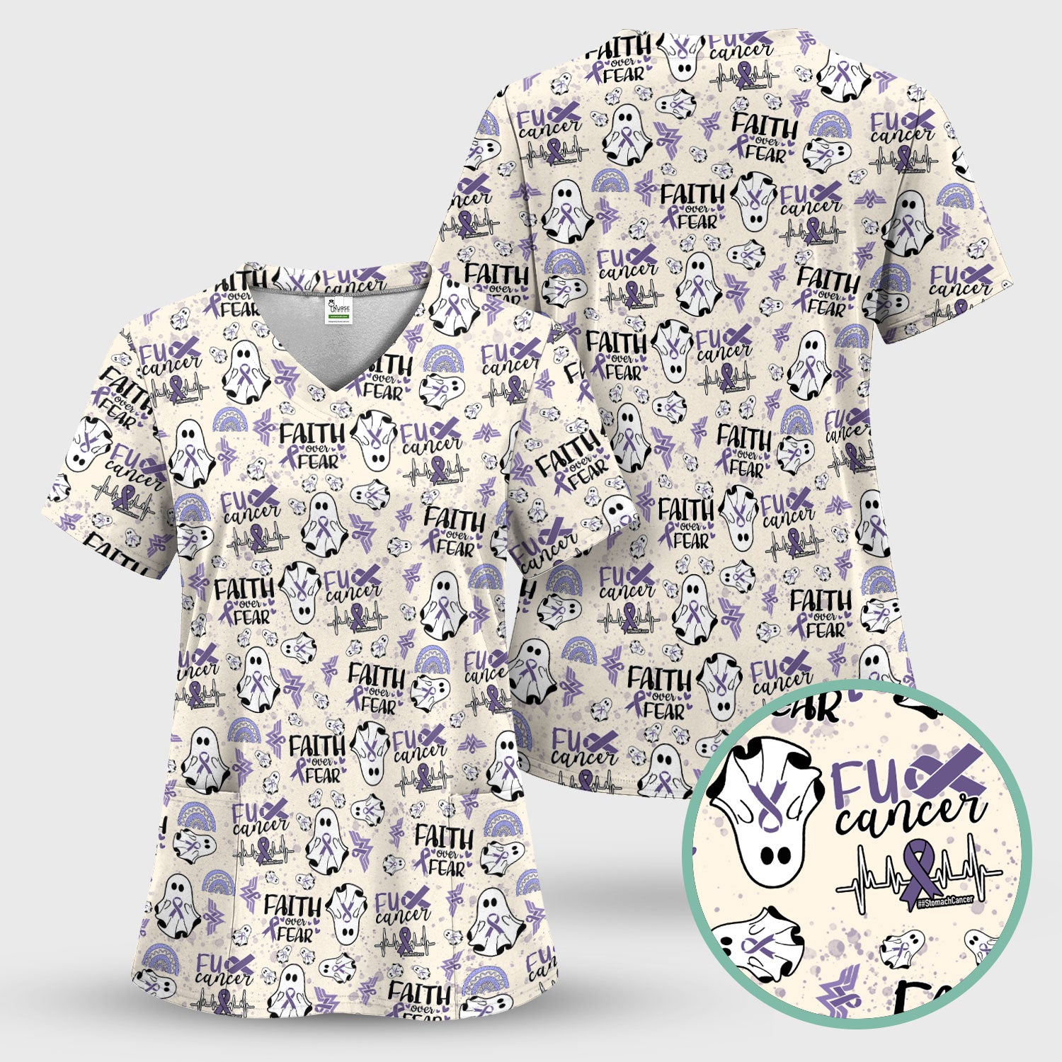 Periwinkle Ribbon Stomach Cancer Scrub Top - Awareness Nurse Shirt - November Warrior Survivor Medical Uniform Gift