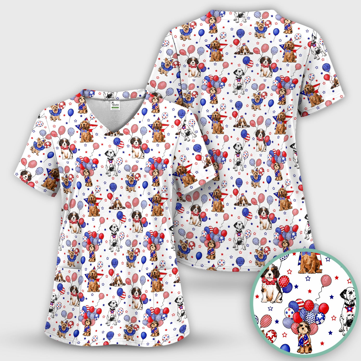 Patriotic Dogs With USA Flag Balloons Pattern Scrub Set, Scrub Pants and V Neck Top