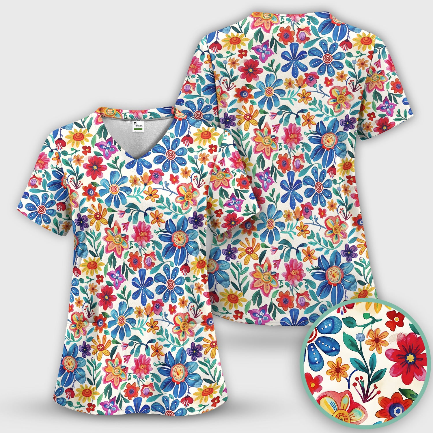 Colorful Folk Floral Print Scrub Set, Scrub Pants and V Neck Top