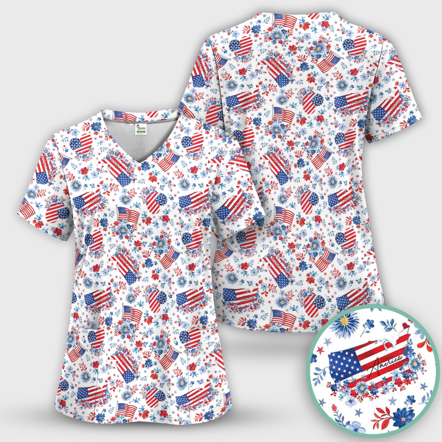 Festive American Flag Heart Floral Pattern Scrub Top, Comfortable Scrubs for Nurses
