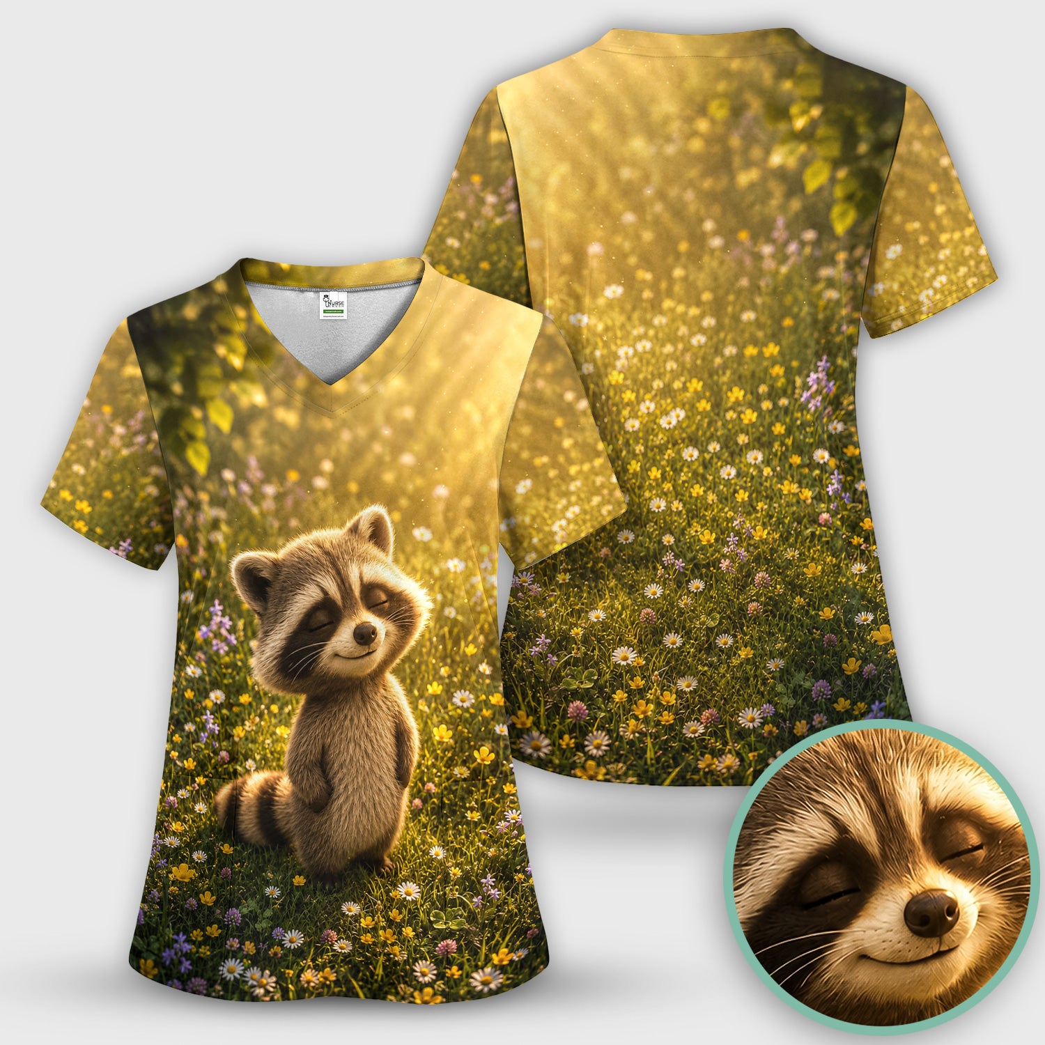 Smiling Raccoon Meadow Flower Pattern Scrub Top, Comfortable Scrubs for Nurses