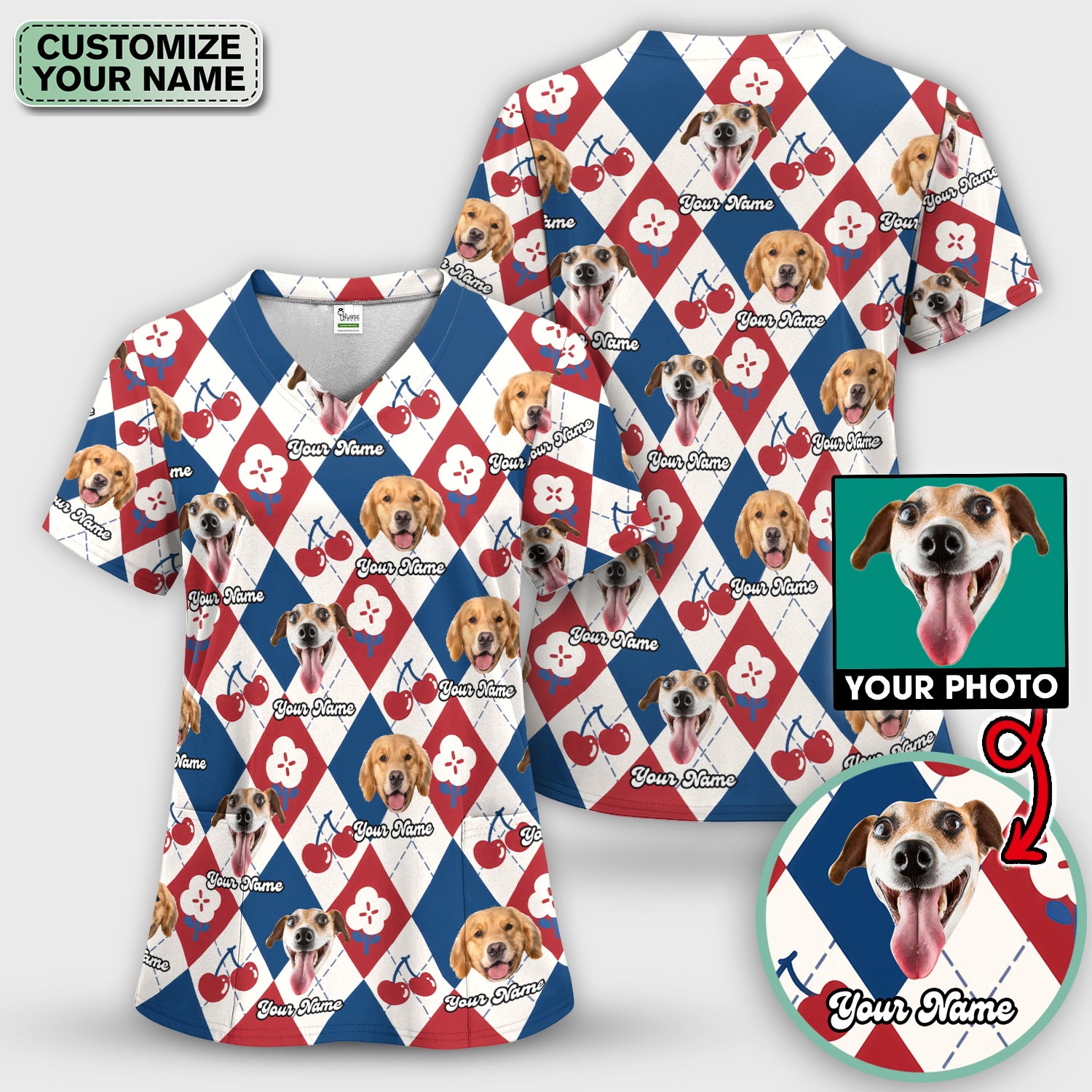 Custom Dog Face Scrub Set, Playful Dog Cherry Argyle Pattern Shirt, Breathable Fabrics Nursing Uniform