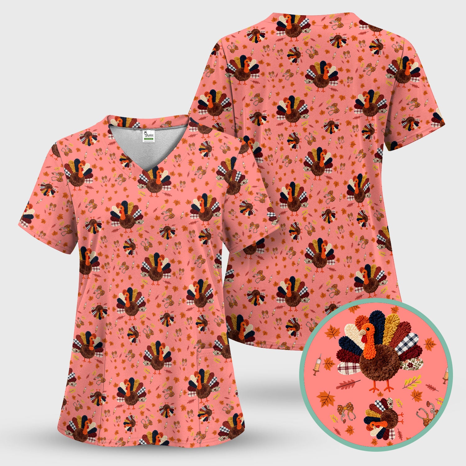 Thanksgiving Comfortable Scrubs for Nurses - Funny Autumn Turkey Shirt - Breathable Fabrics Nursing Uniform