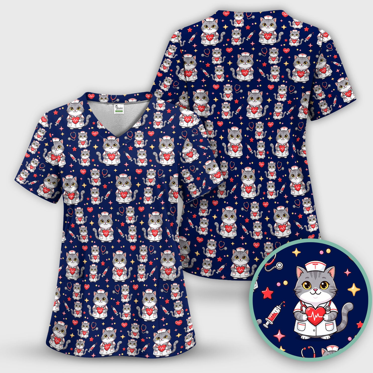 Cute Nurse Cat Heart Medical Print Scrub Top, Comfortable Scrubs for Nurses