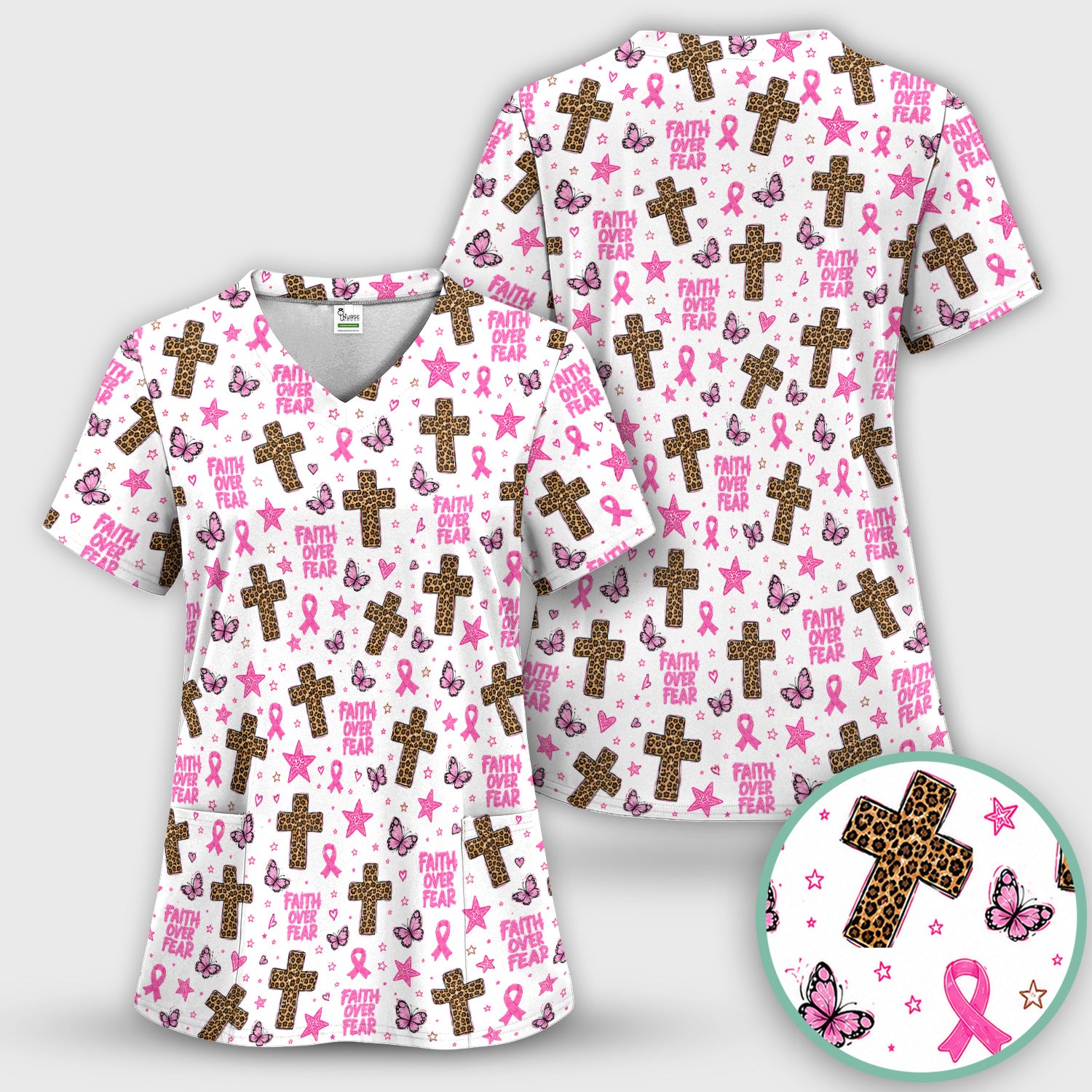 Faith Over Fear Breast Cancer Scrub Set, Scrub Pants and V Neck Top