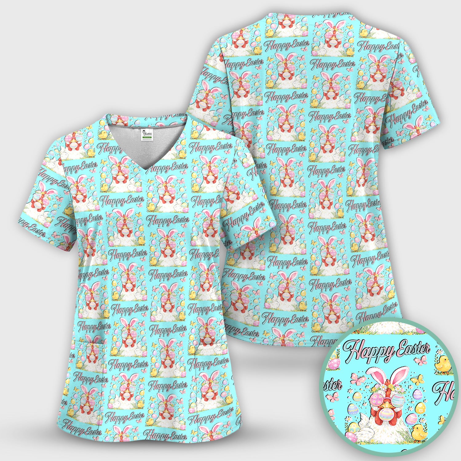 Happy Easter Bunny Eggs Pattern Scrub Top, Comfortable Scrubs for Nurses