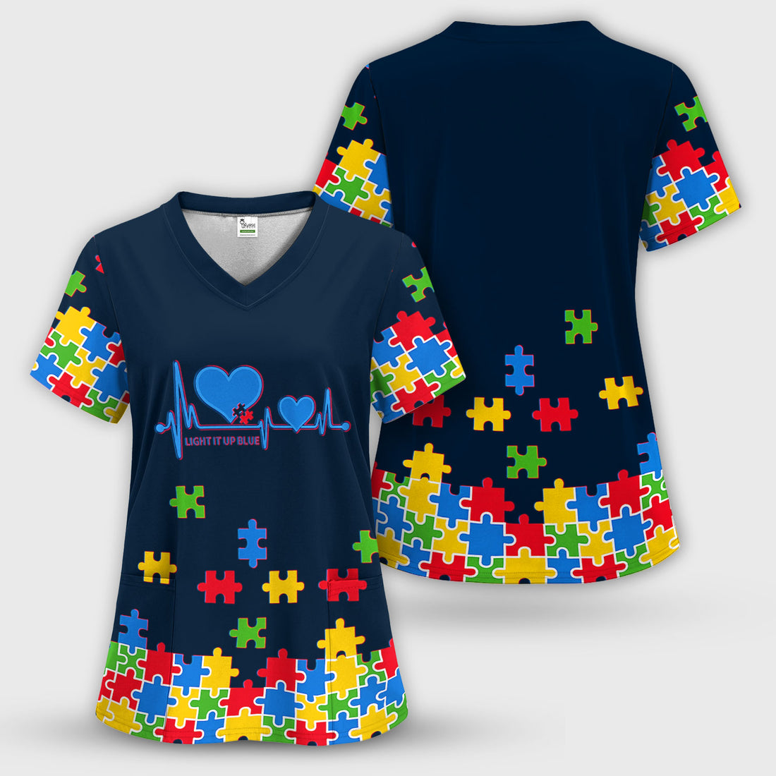 Autism Puzzle Heartbeat Light It Up Blue Print Scrub Top, Comfortable Scrubs for Nurses