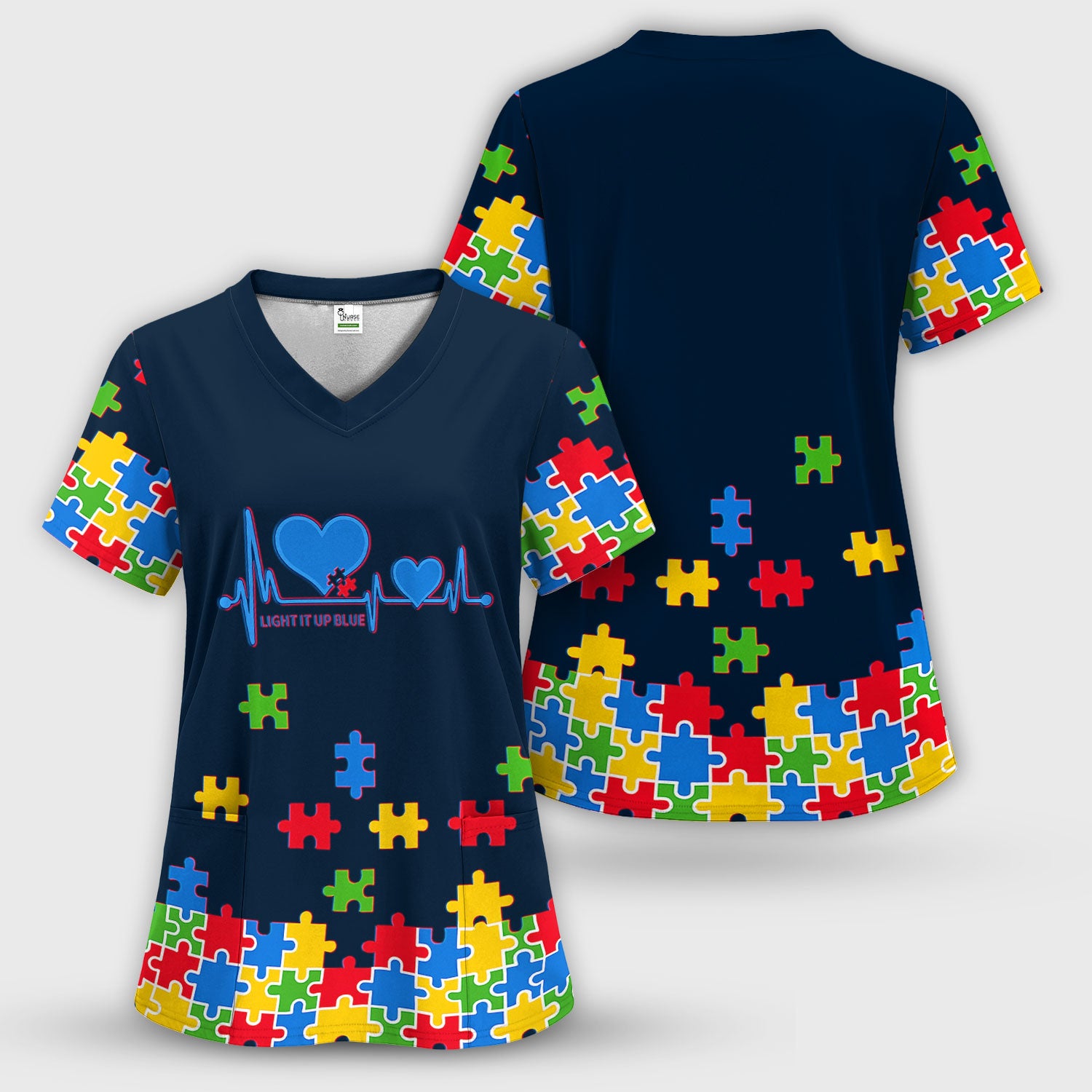 Autism Puzzle Heartbeat Light It Up Blue Print Scrub Top, Comfortable Scrubs for Nurses