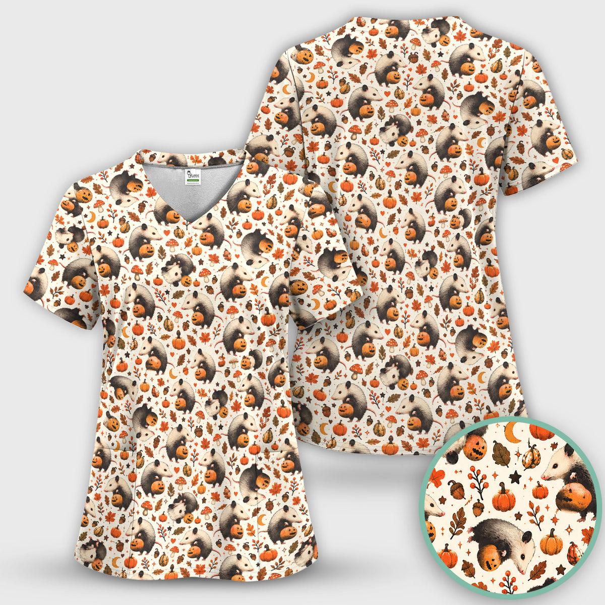 Halloween Opossum Pumpkin Patch Pattern Scrub Set, Scrub Pants and V Neck Top
