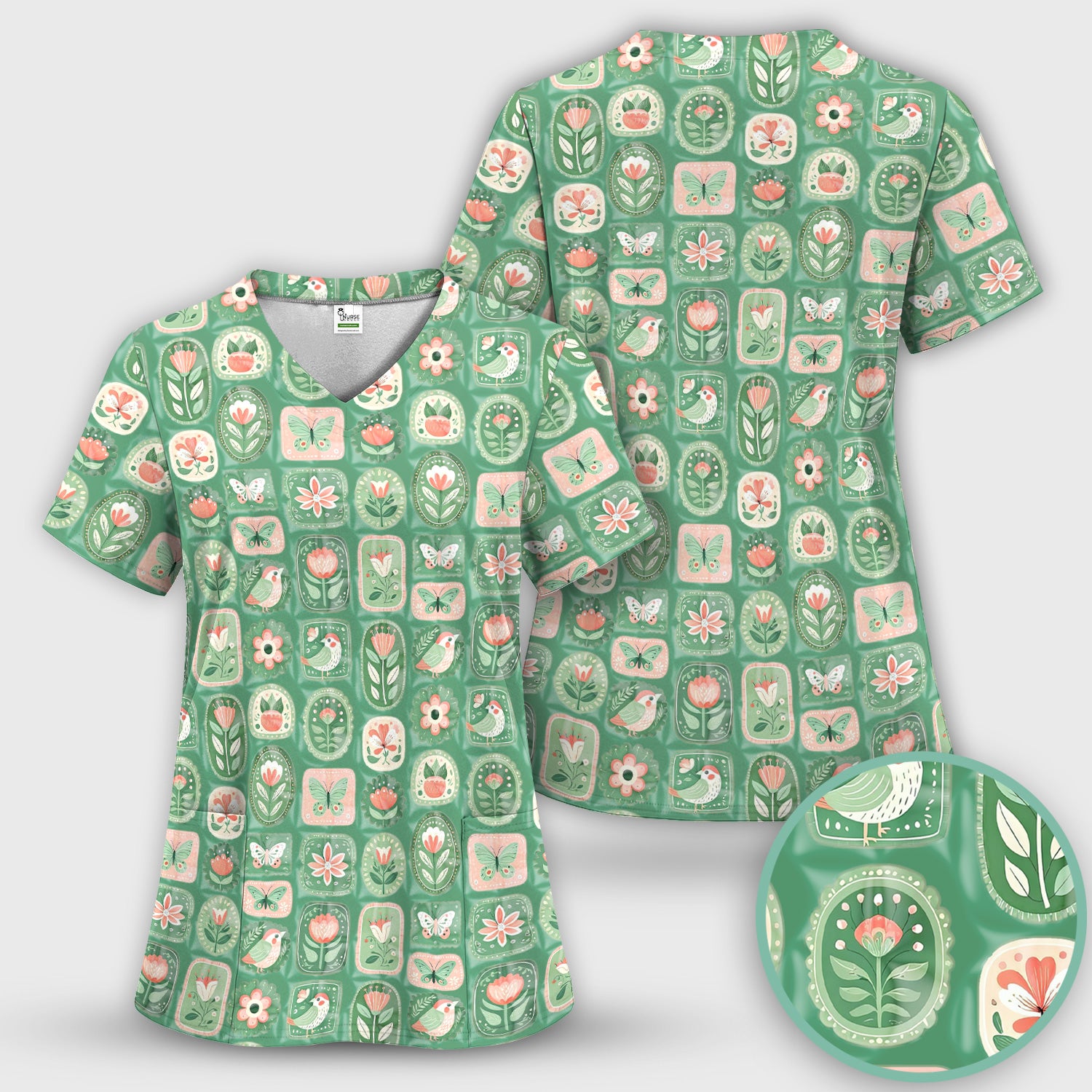 Folk Art Floral Bird Butterfly Garden Pattern Scrub Set, Scrub Pants and V Neck Top