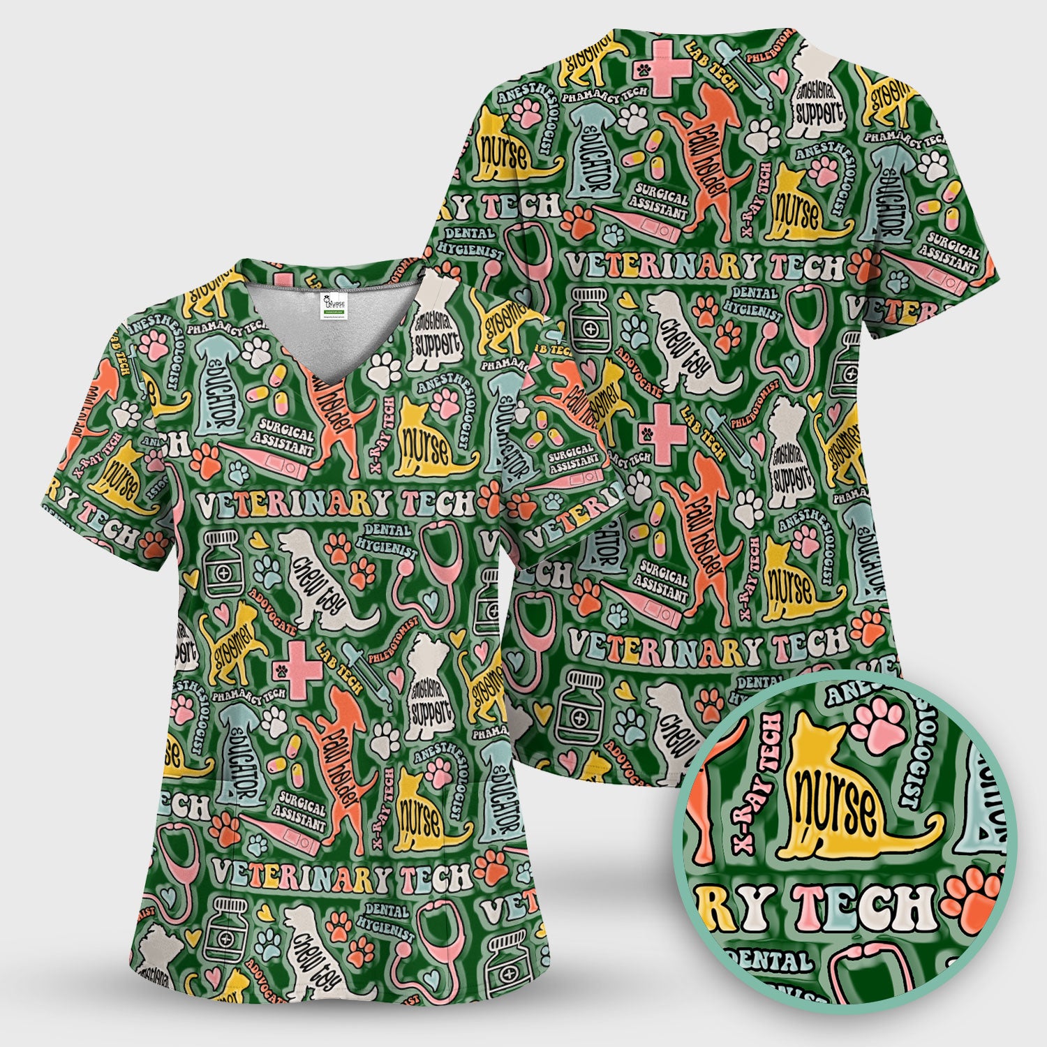 Veterinary Tech Nurse Scrub Top - Dog Cat Pet Medical Shirt - Funny Vet Tech Animal Scrubs for Women LPN RN CNA